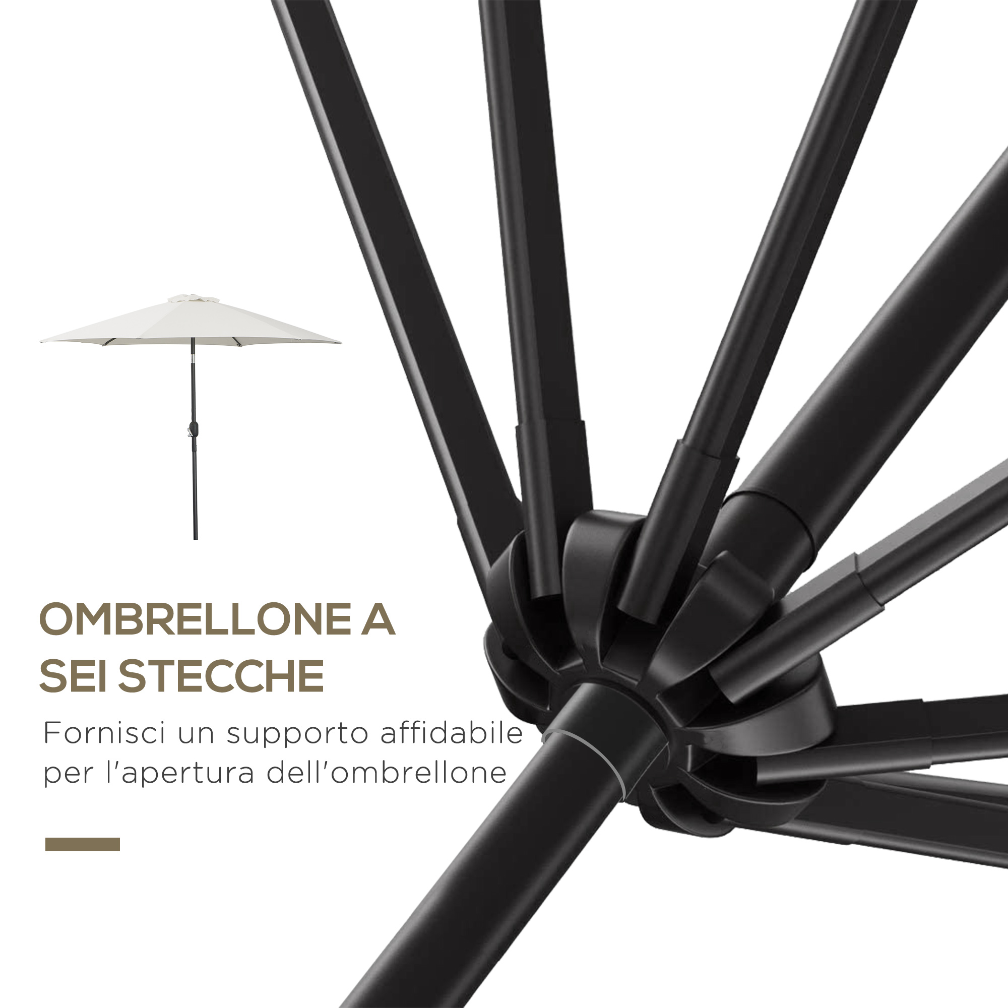 Un ombrellone bianco con struttura nera e testo.