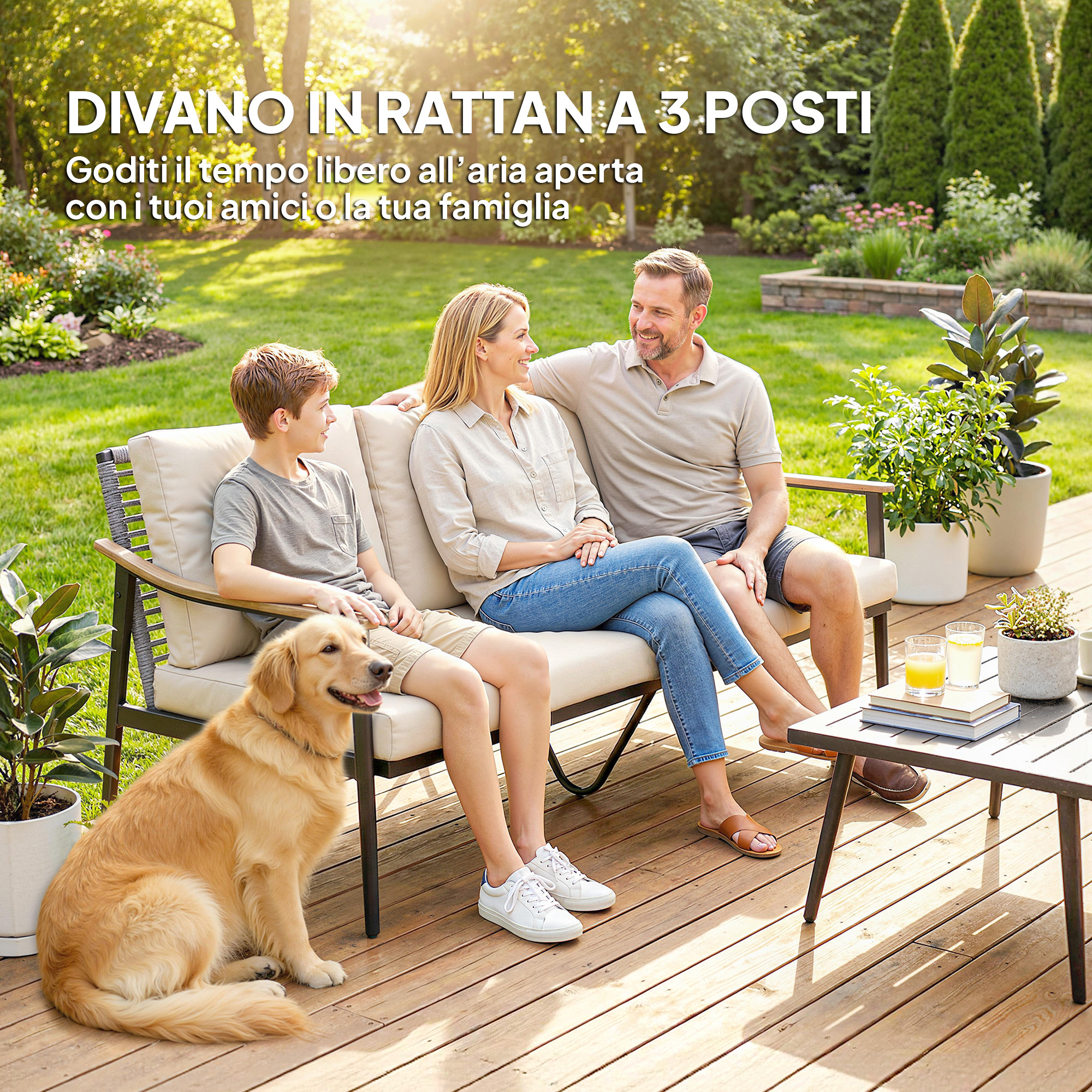Famiglia e cane si rilassano su un divano in rattan da 3 posti in giardino.