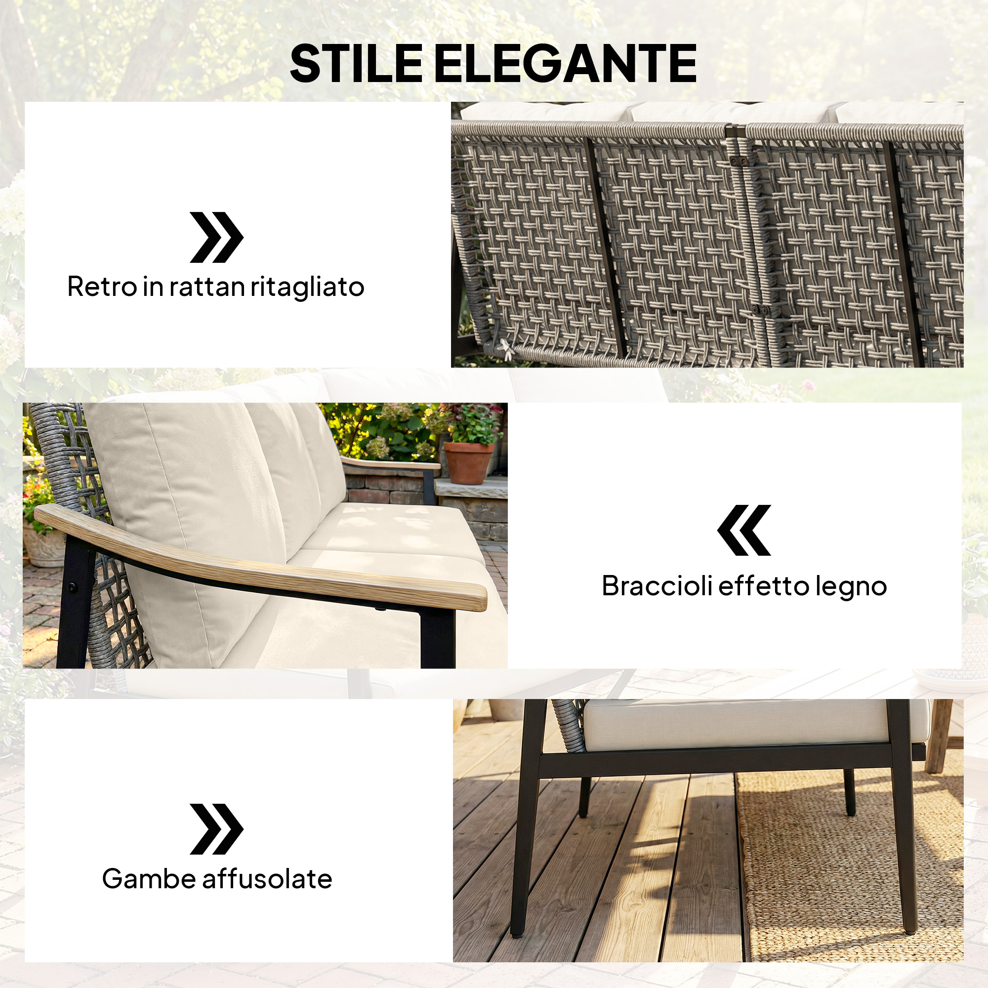 Design elegante con dettagli in rattan, braccioli in legno e gambe imbottite.