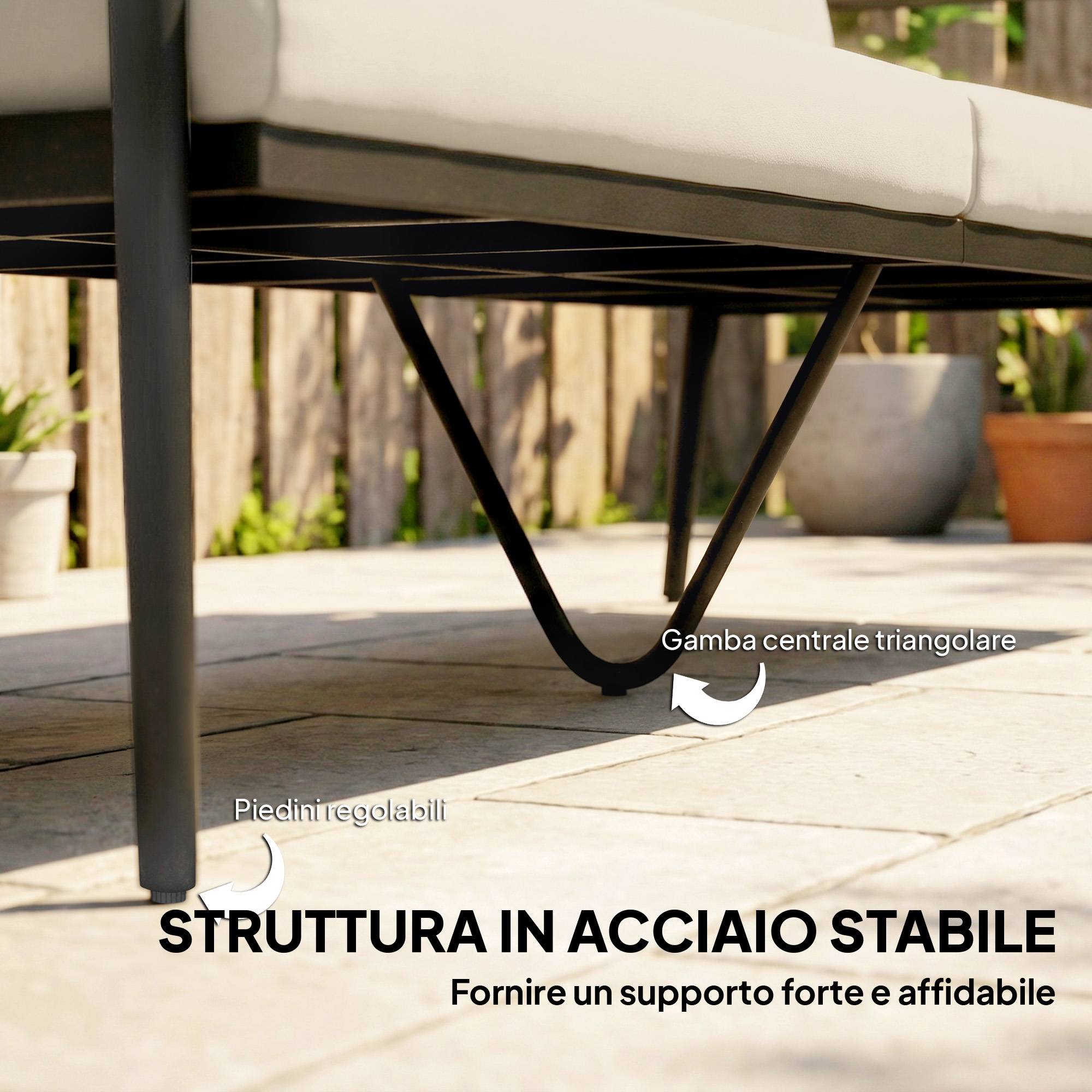 Struttura in acciaio stabile con piedini regolabili e gamba centrale triangolare.