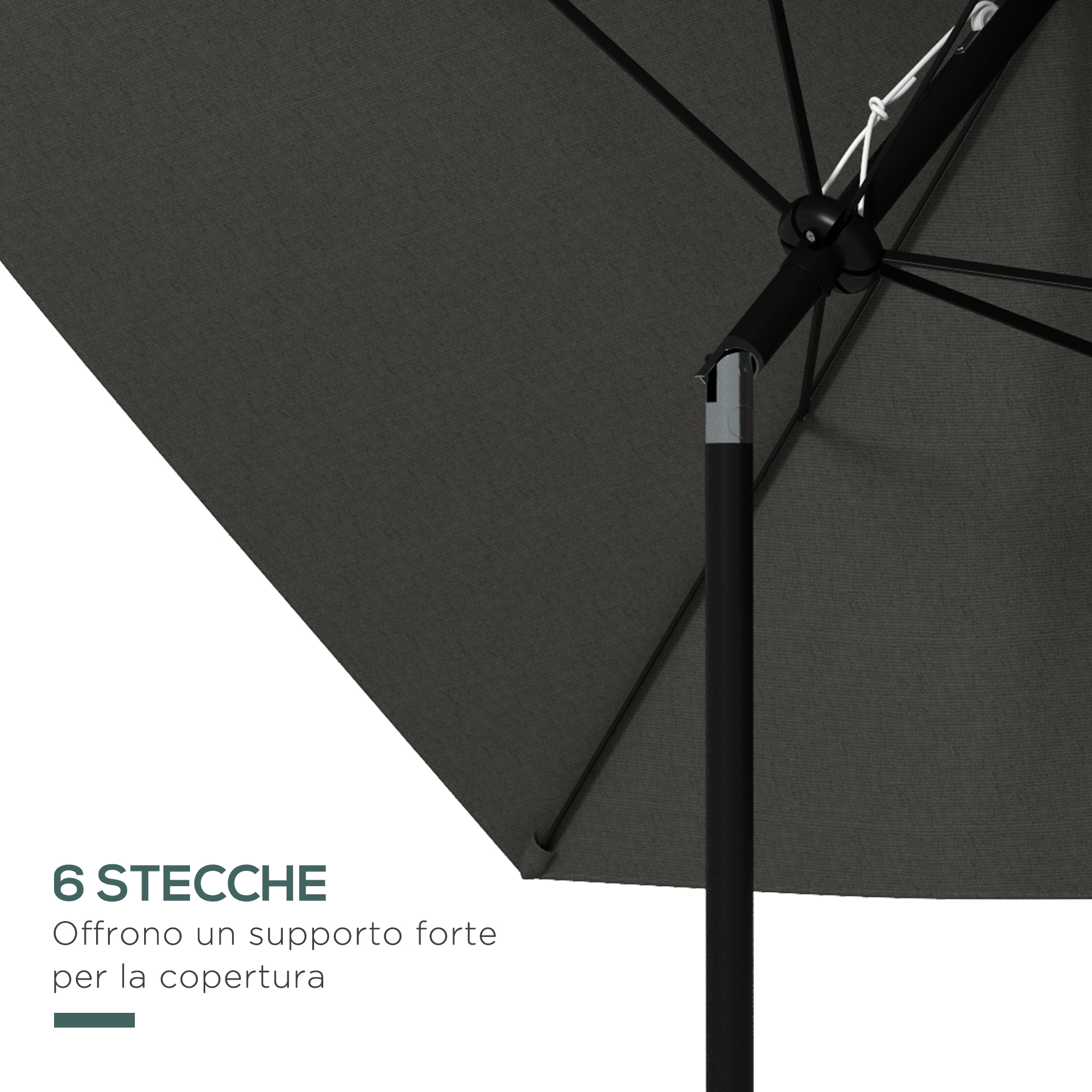 Ombrellone grigio scuro con struttura nera e 6 stecche.