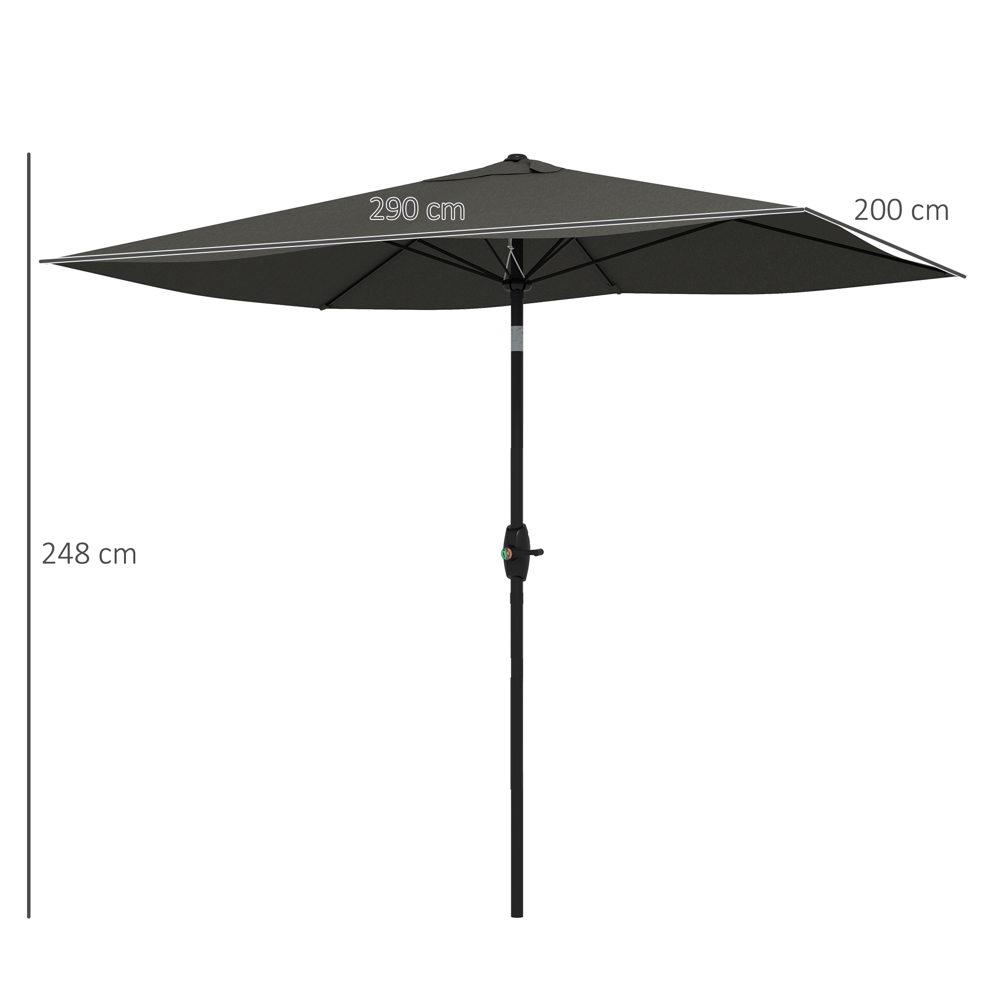 Un ombrellone grigio con asta in metallo, largo 290 cm e alto 248 cm.
