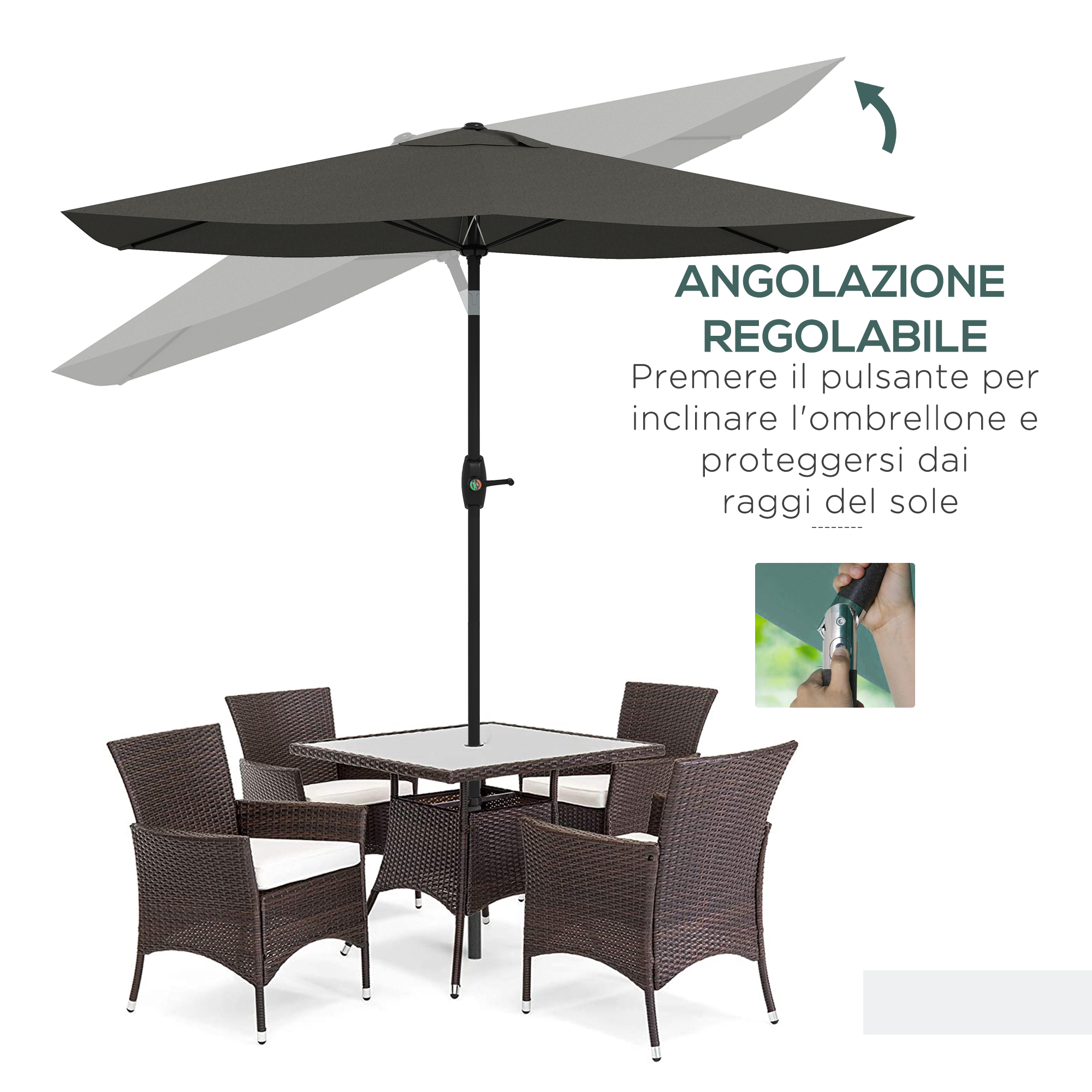 Un set da pranzo in rattan marrone con tavolo e ombrellone. Ombrellone regolabile mostrato.