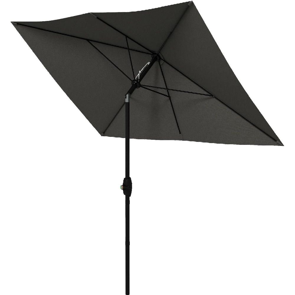 Un ombrellone rettangolare grigio scuro con palo nero, mostrato aperto su sfondo bianco.