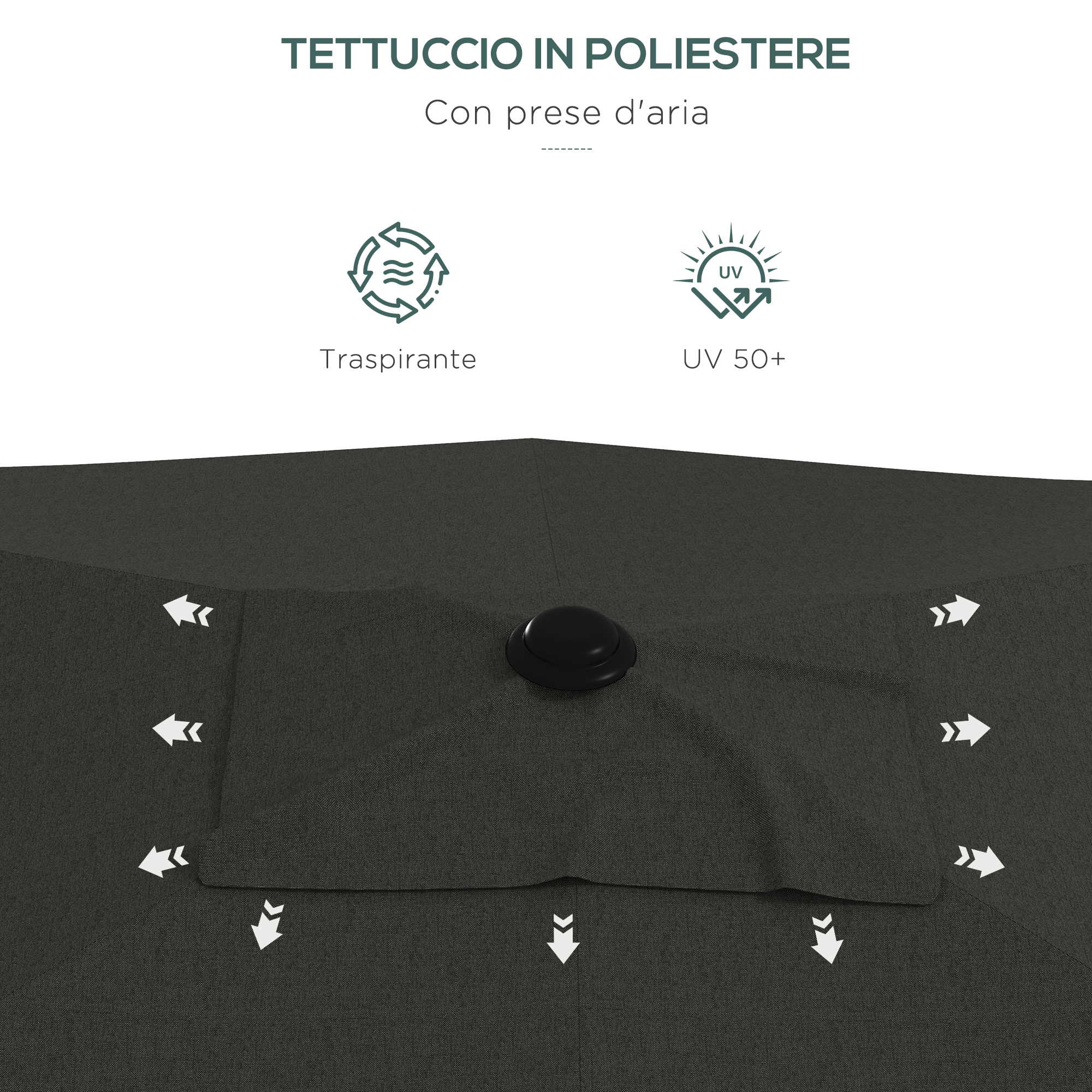 Tetto in poliestere grigio scuro con prese d'aria e icone a freccia.