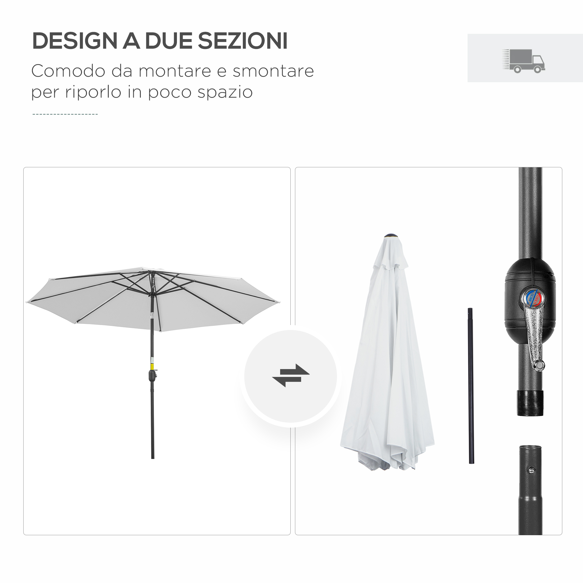 Un ombrellone aperto a sx, uno chiuso a dx. Dettagli del palo.