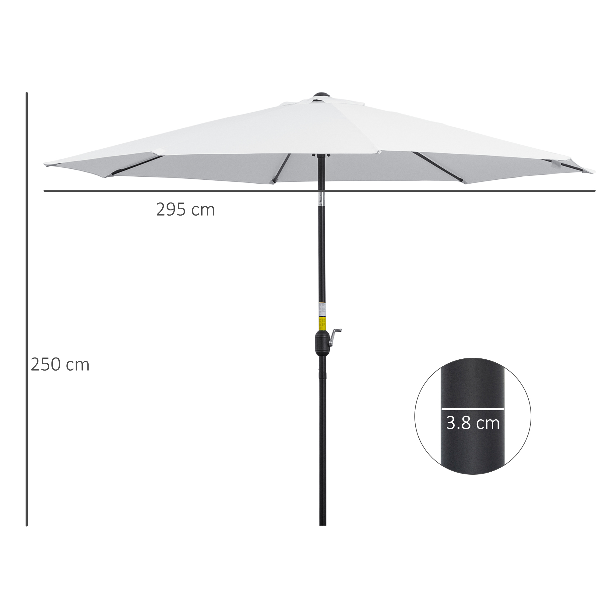 Un ombrellone bianco con palo nero, largo 295 cm e alto 250 cm.
