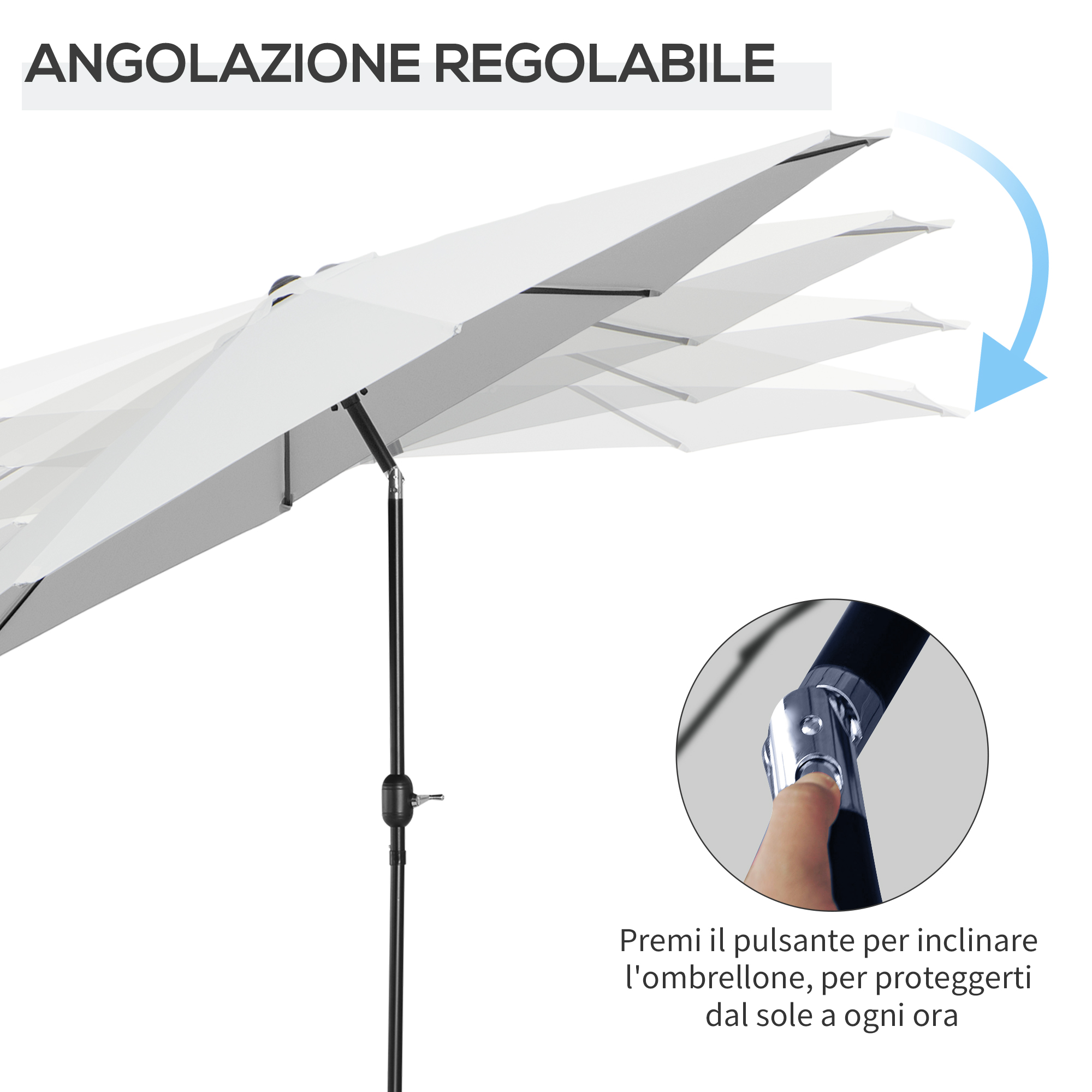 Un ombrellone bianco con inclinazione regolabile, primo piano del pulsante.