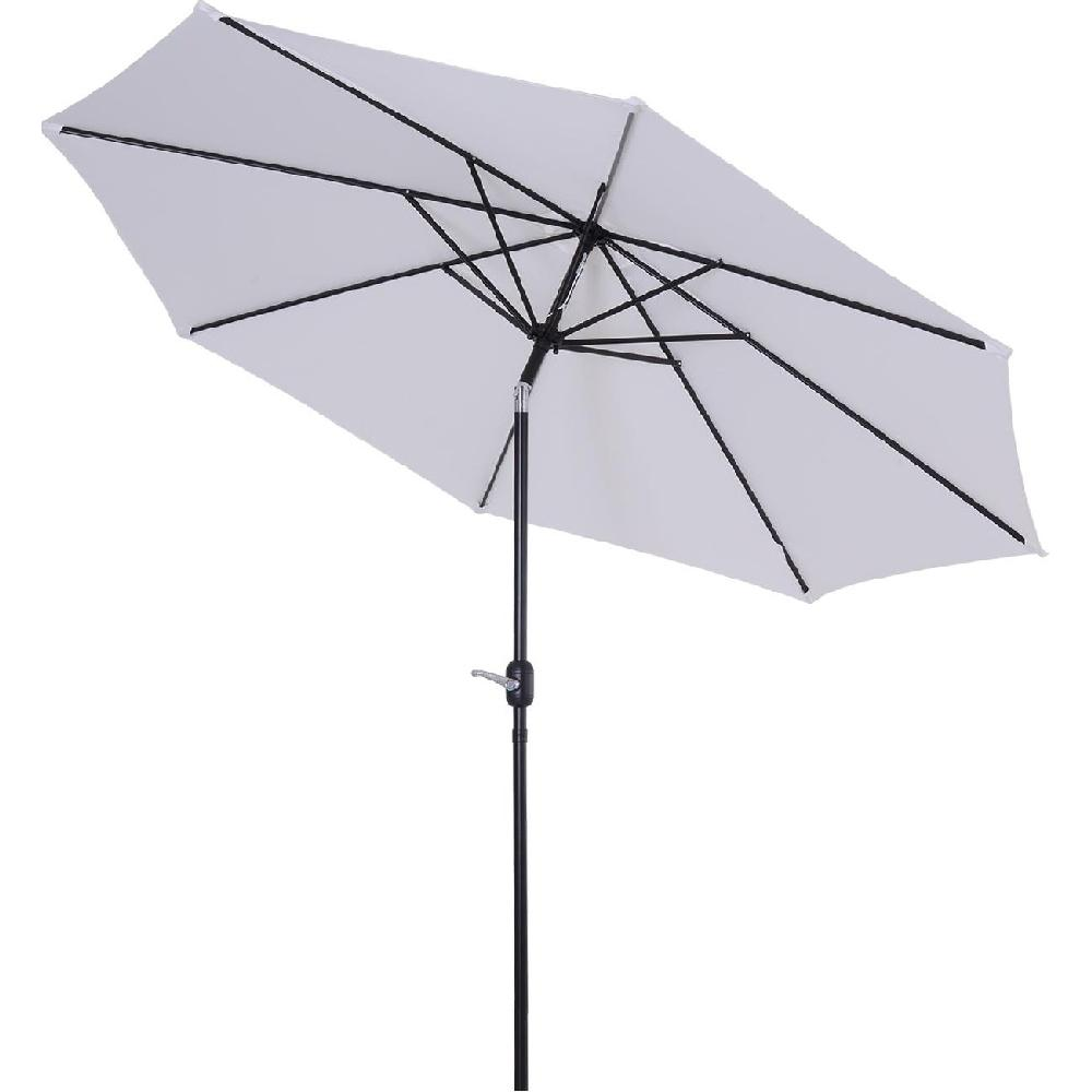 Un ombrellone bianco con telaio nero, aperto su sfondo bianco.