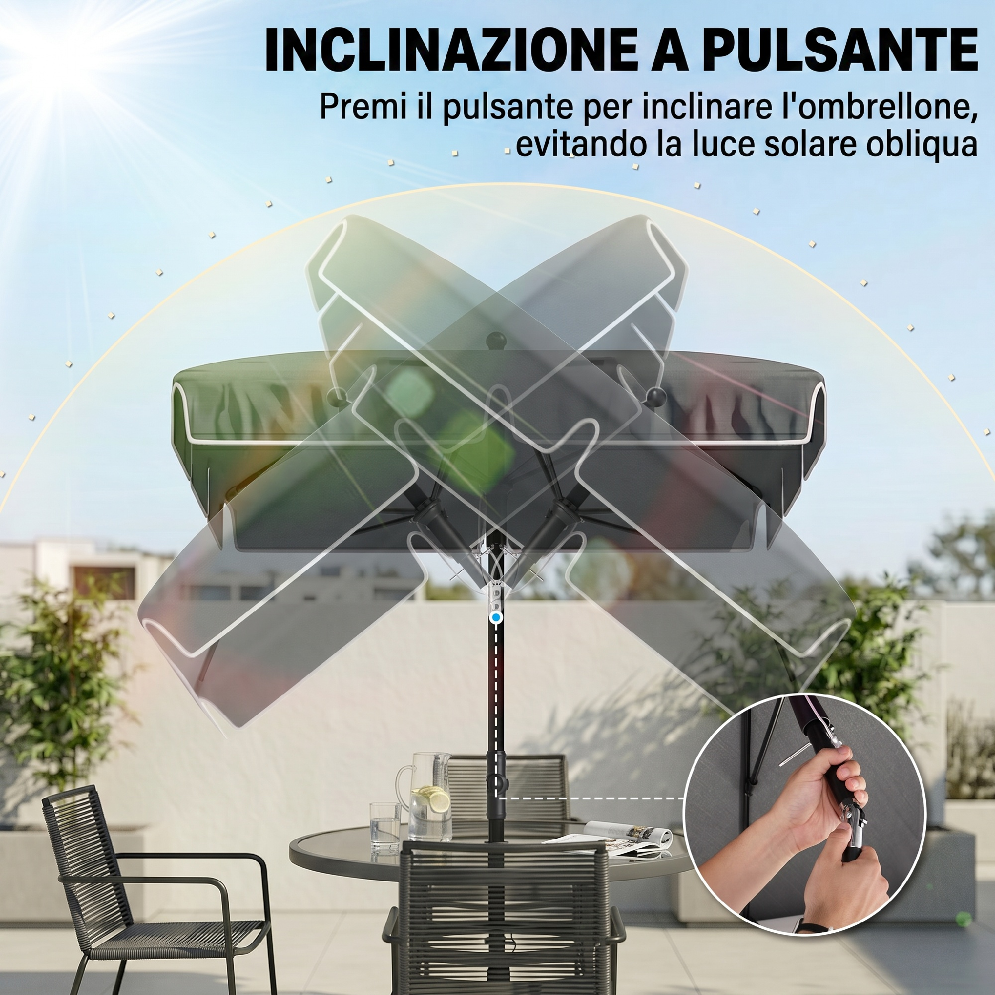 Un ombrellone da esterno con funzione di inclinazione a pulsante è mostrato su un tavolo con sedie.