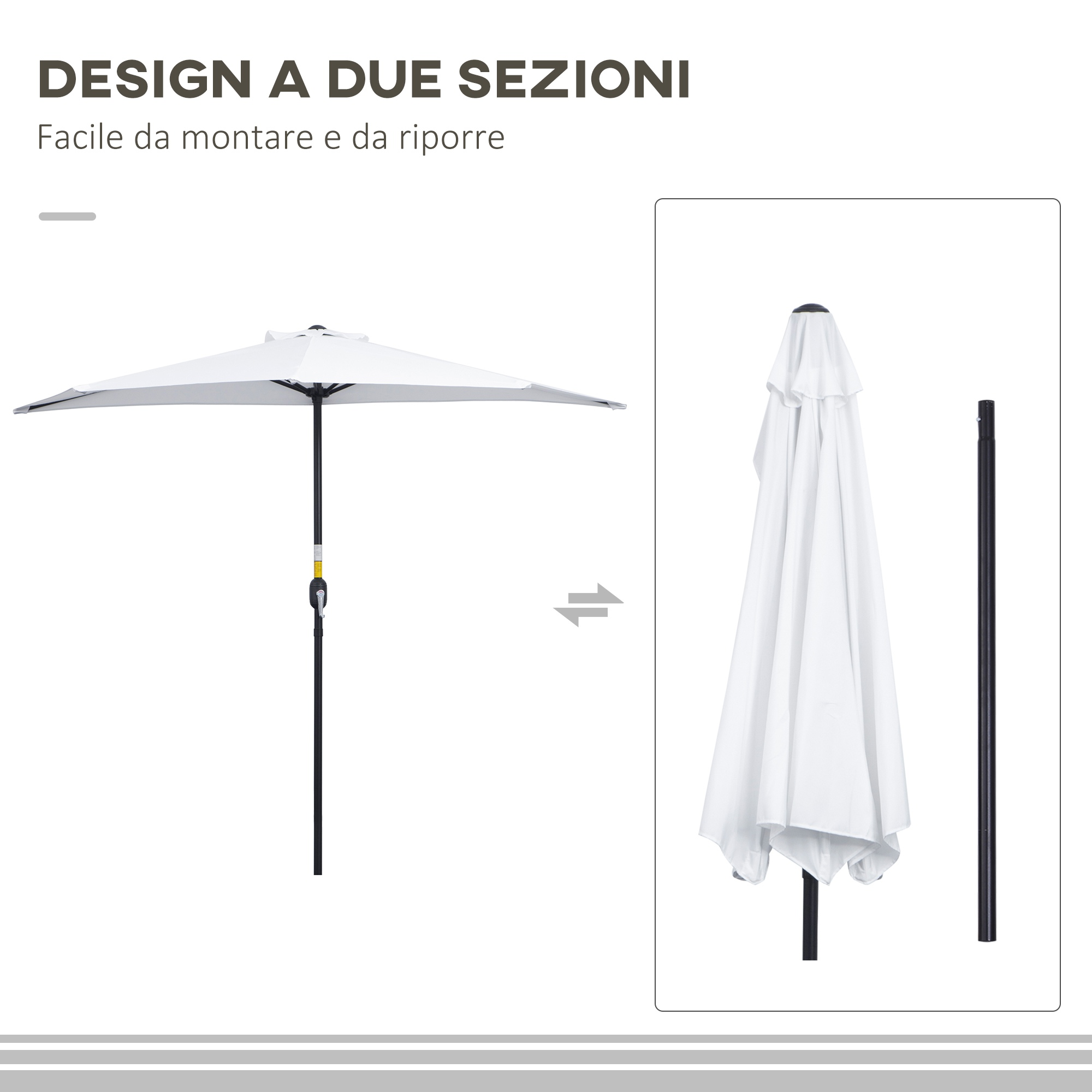 Un parasole bianco, aperto e piegato, con pali.