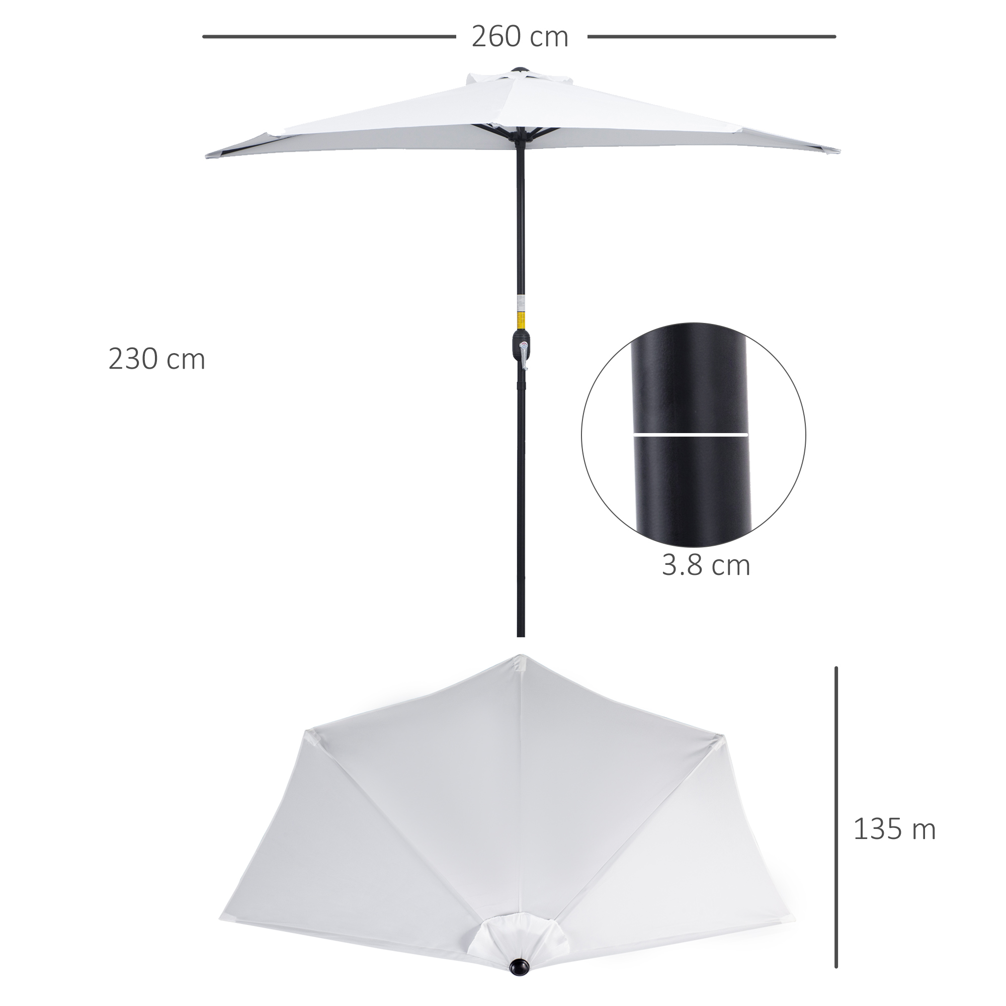 Un parasole bianco con palo nero. Dimensioni: 260x230 cm, diametro palo 3.8 cm.