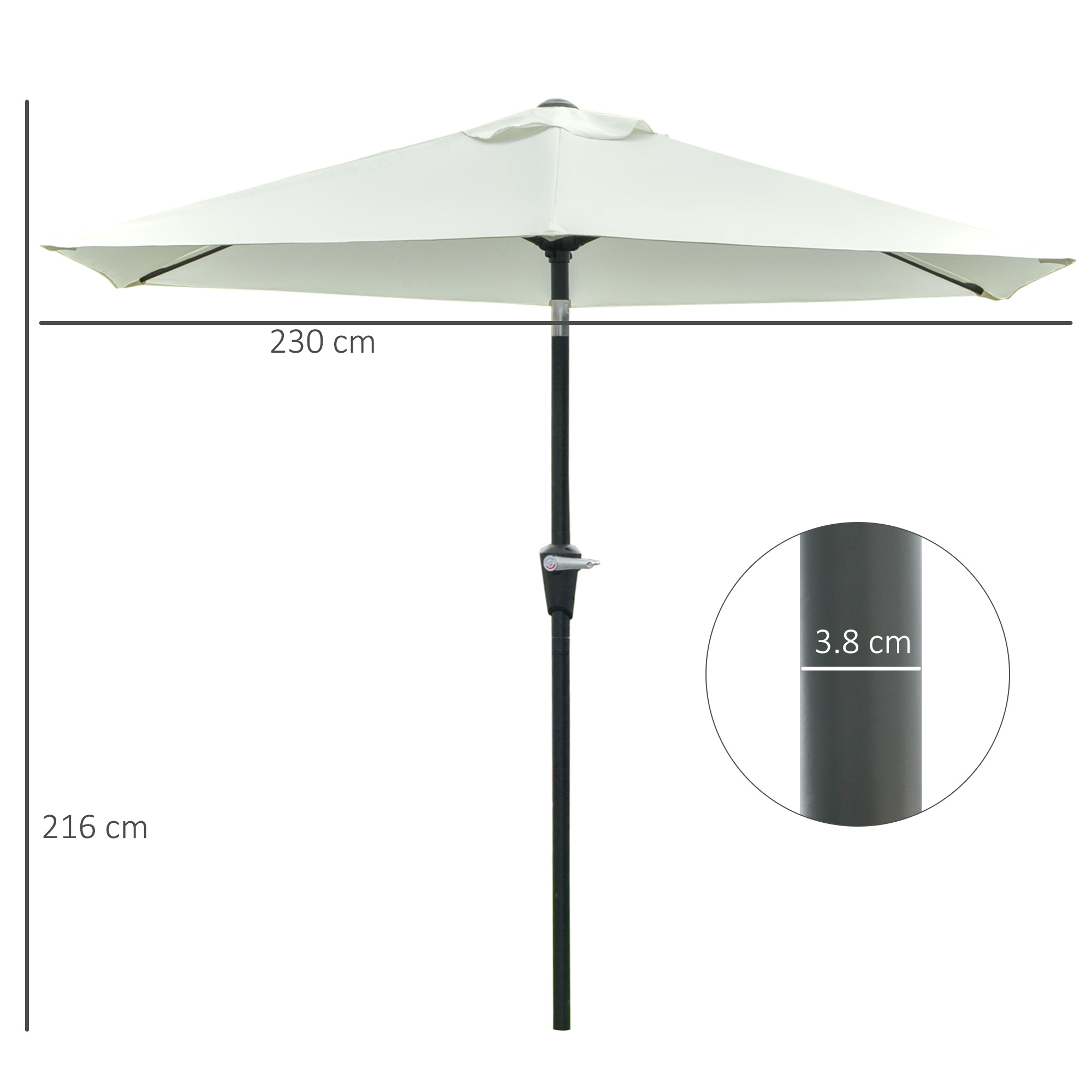 Un ombrellone bianco con palo nero. Larghezza 230 cm, altezza 216 cm. Diametro palo 3.8 cm.