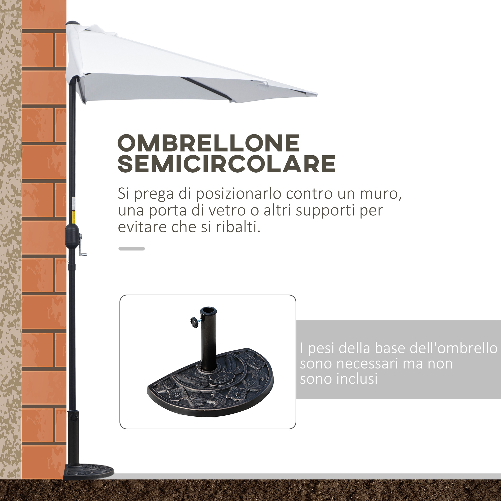 Un ombrellone semicircolare con palo nero e tessuto bianco, accanto a un muro di mattoni.