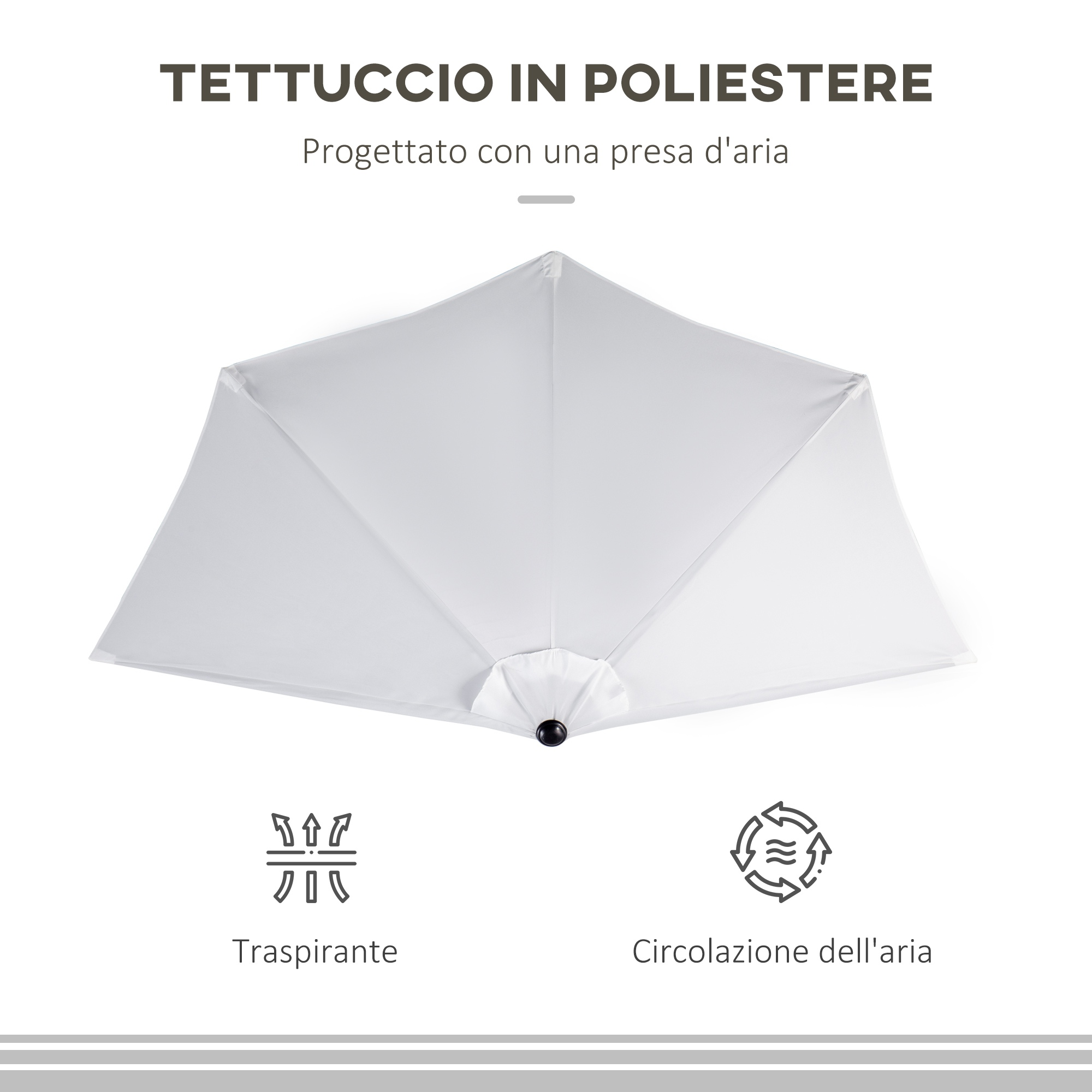 Tessuto bianco in poliestere per ombrellone con prese d'aria e icone traspiranti.