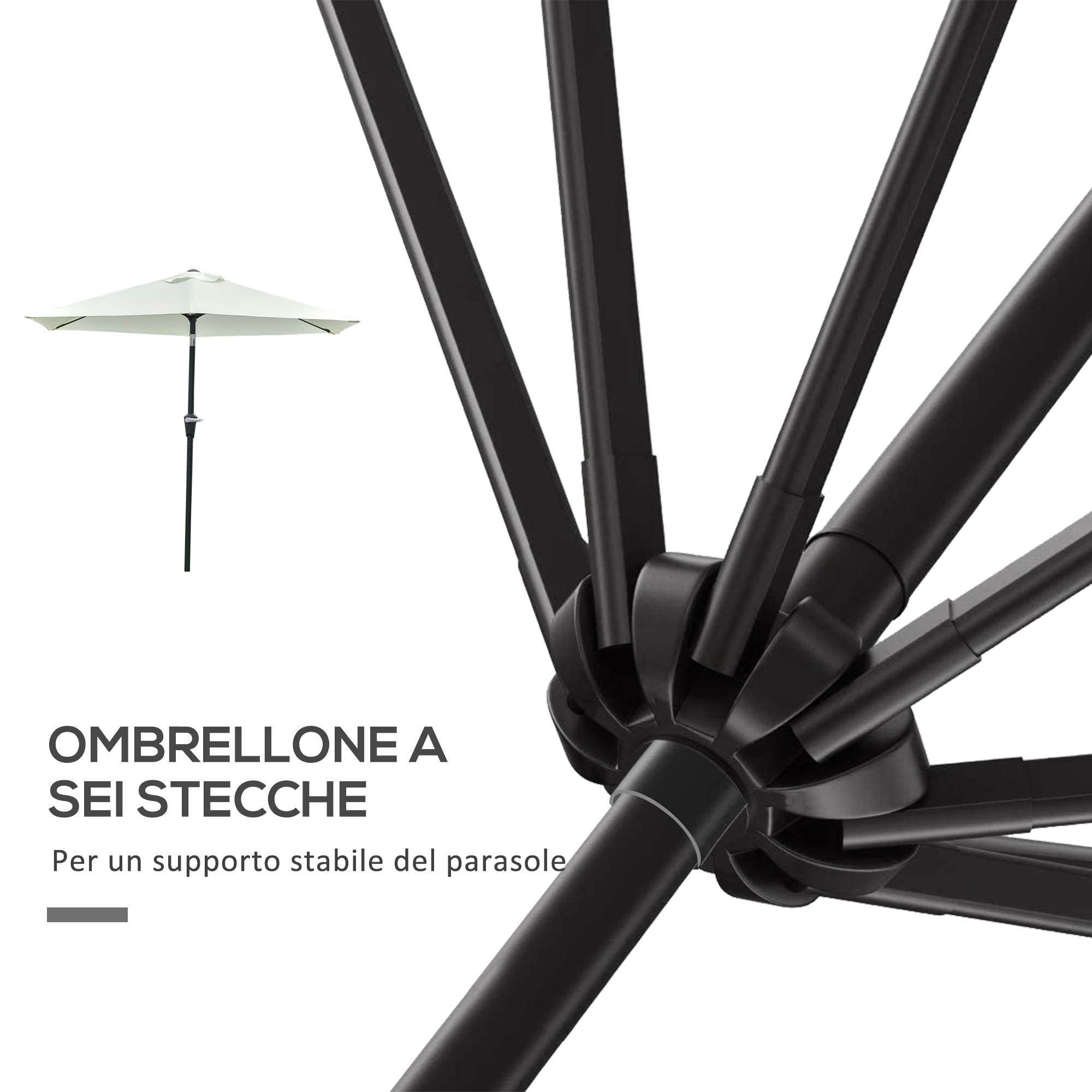 Un ombrellone bianco con struttura nera e dettagli delle stecche.