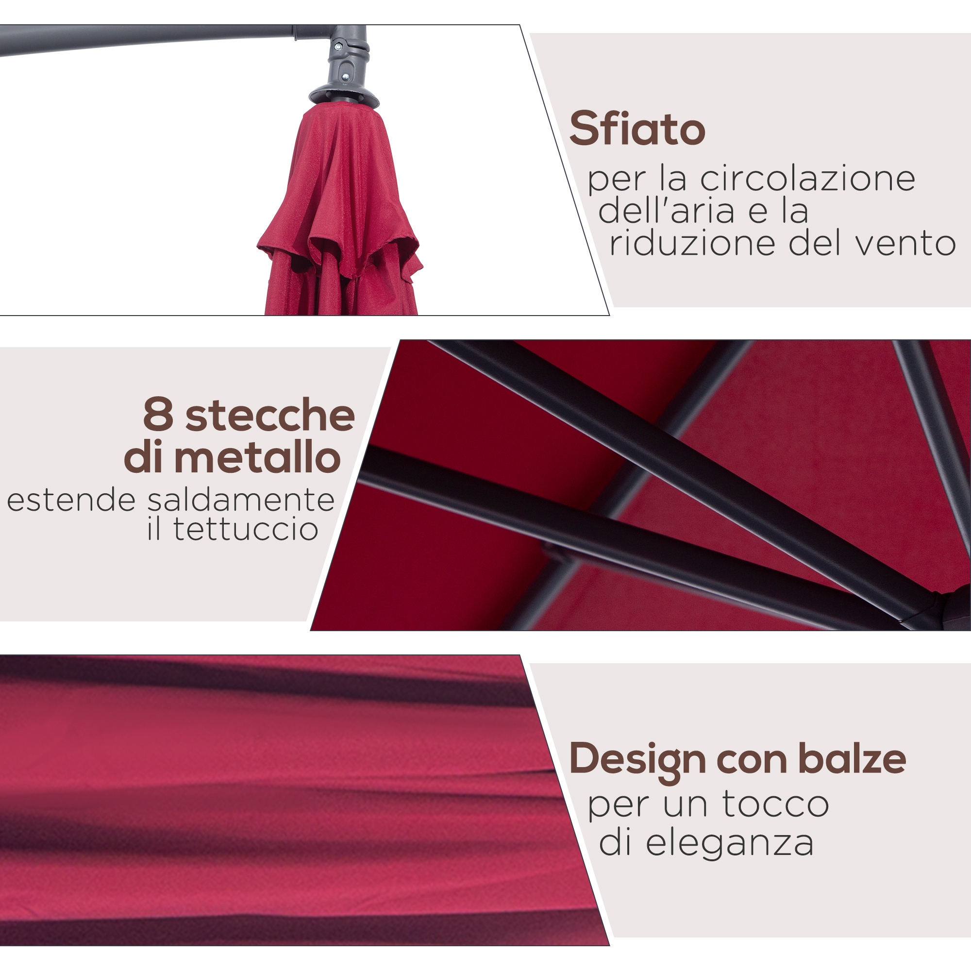 Ombrellone rosso con stecche in metallo e sfiato. Offre eleganza.
