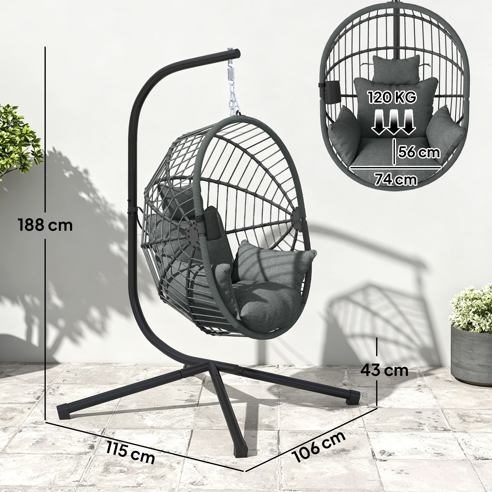 Sedia a uovo sospesa grigia con cuscini, alta 188cm, 120kg.