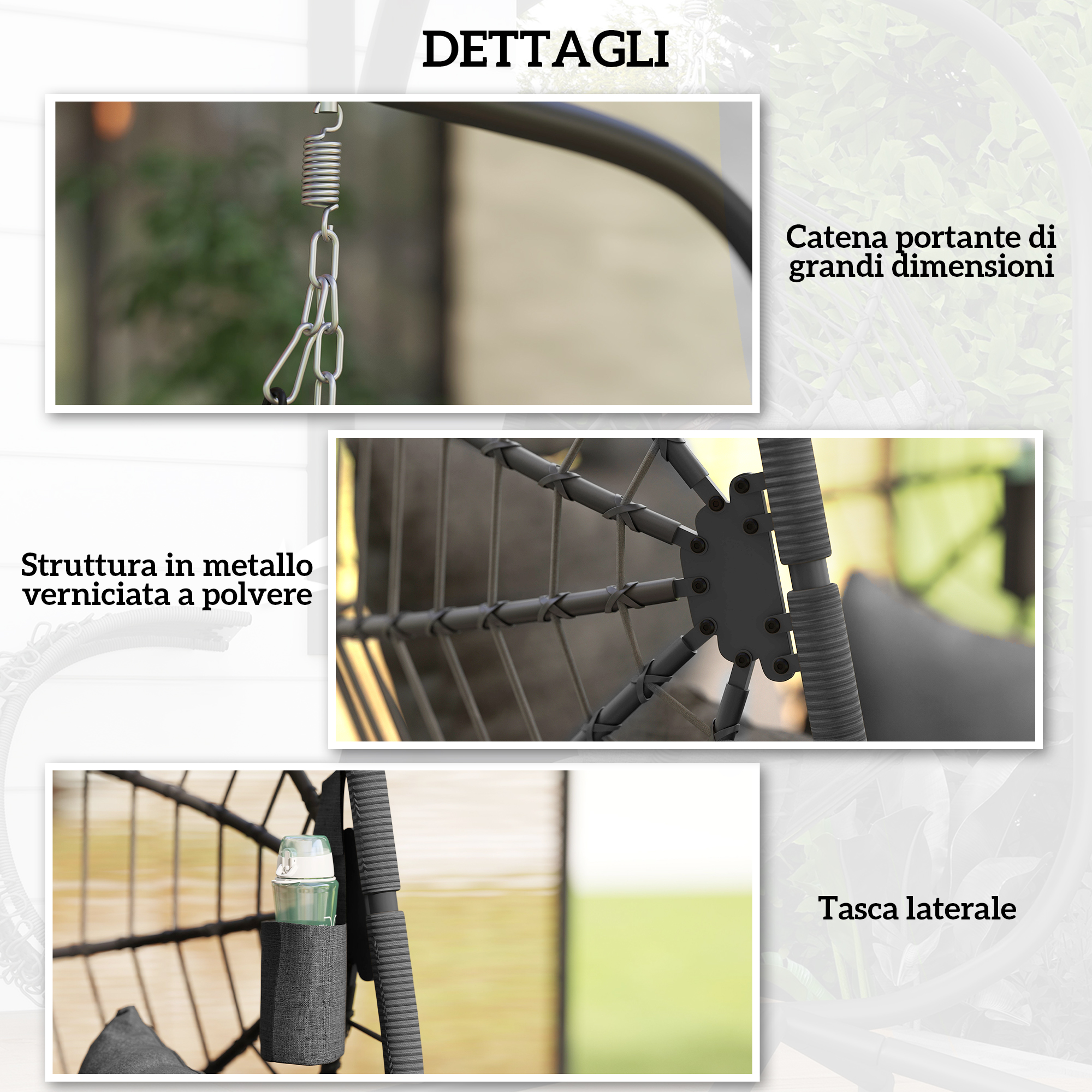Dettaglio sedia sospesa: catena, struttura metallica, tasca laterale con bottiglia.