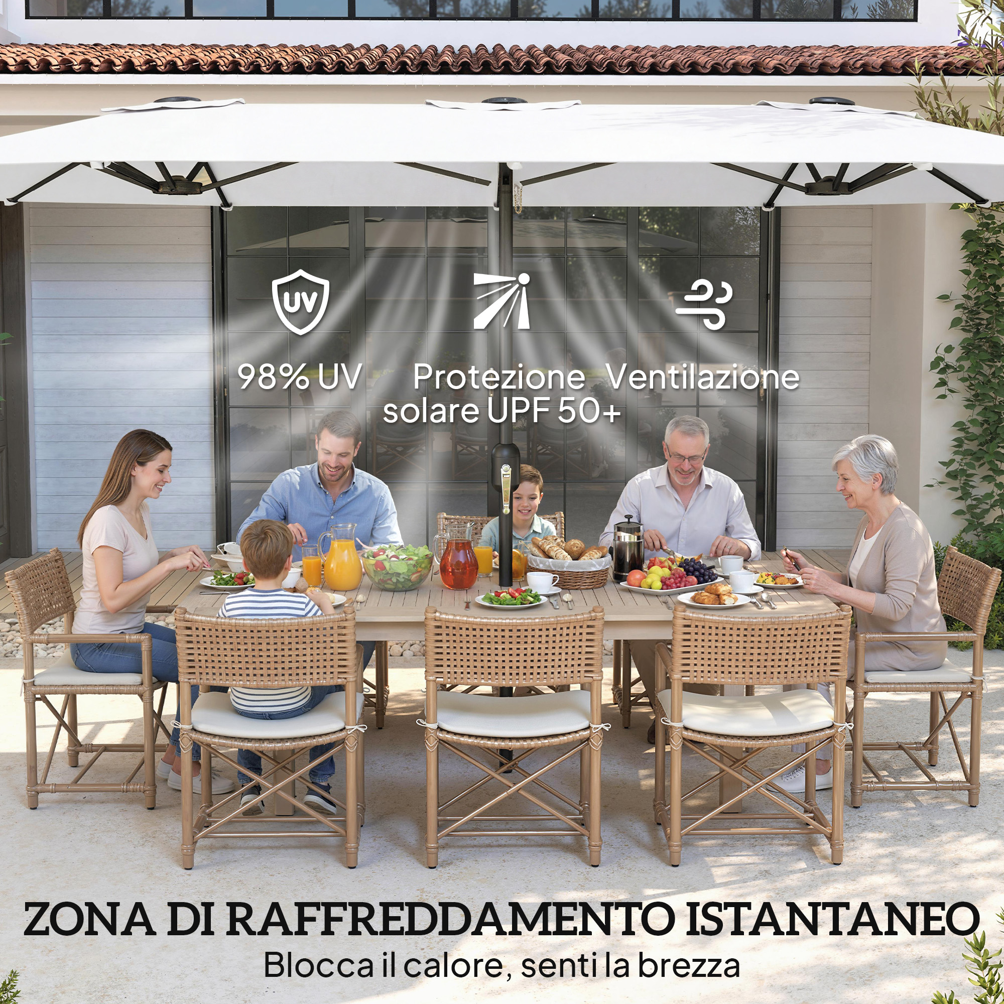 Famiglia pranza all'aperto sotto un parasole con protezione UV al 98% e ventilazione.