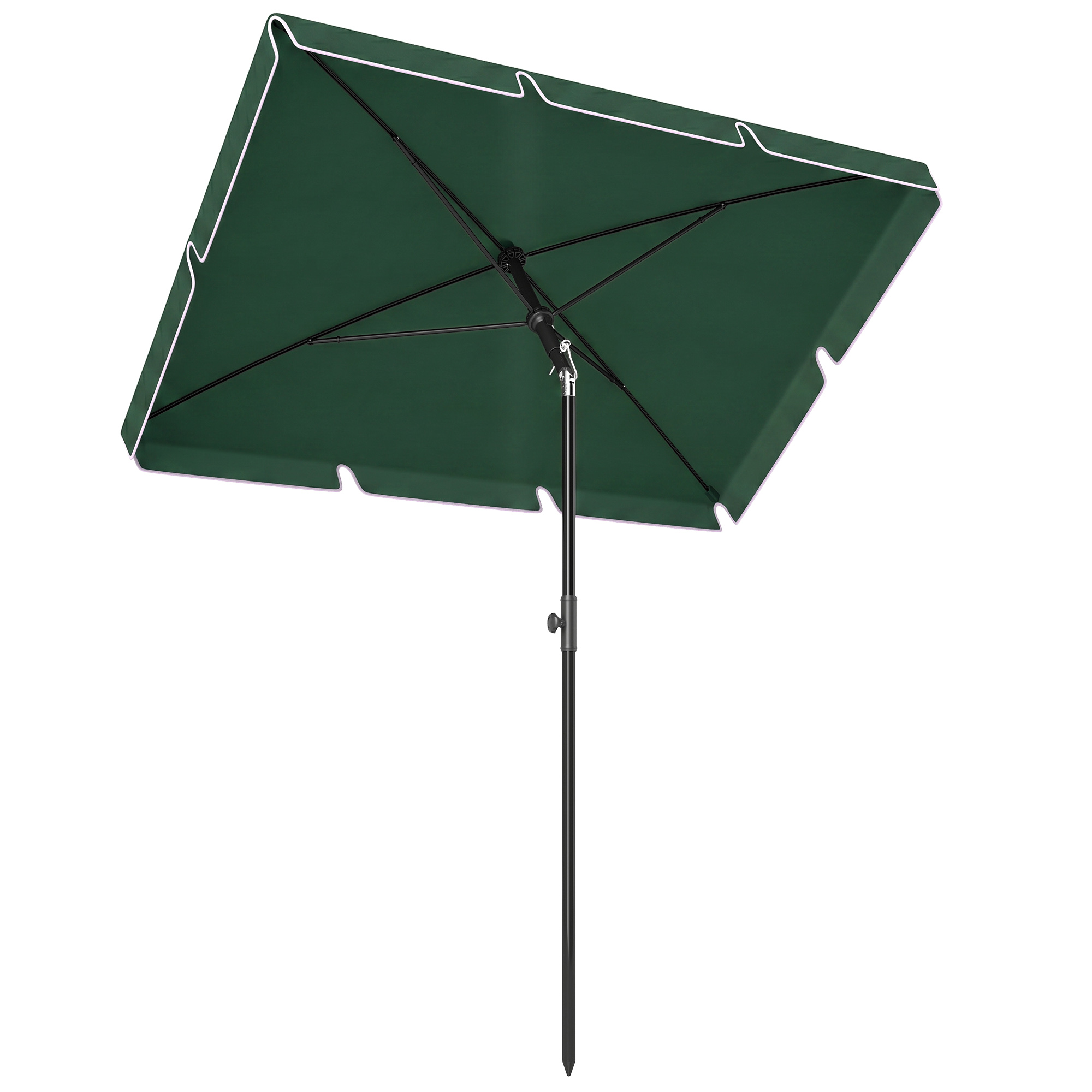Un ombrellone verde con bordo bianco e palo nero, visto dal basso.