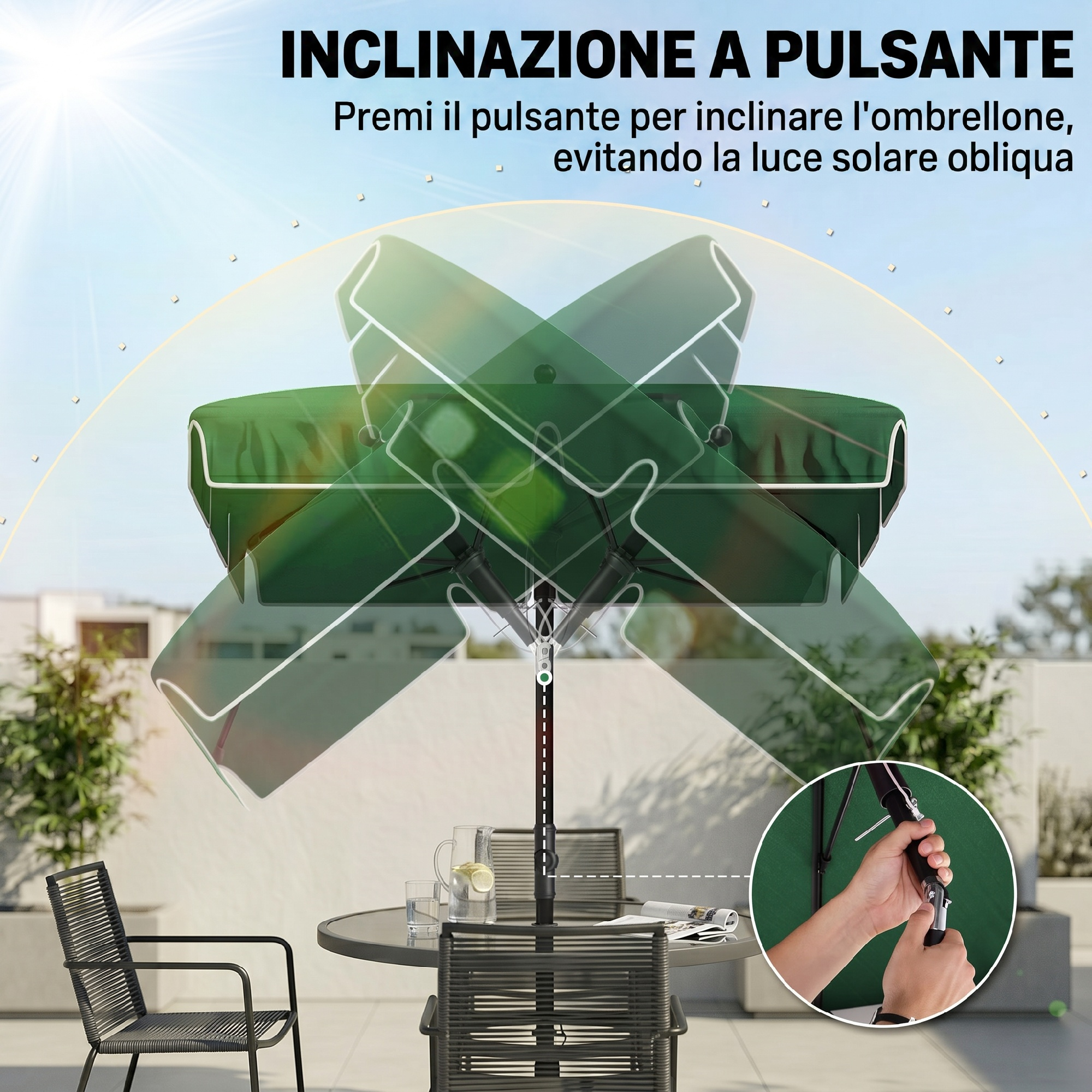 Un ombrellone verde si inclina su tavolo e sedie, mostrando ombra regolabile.