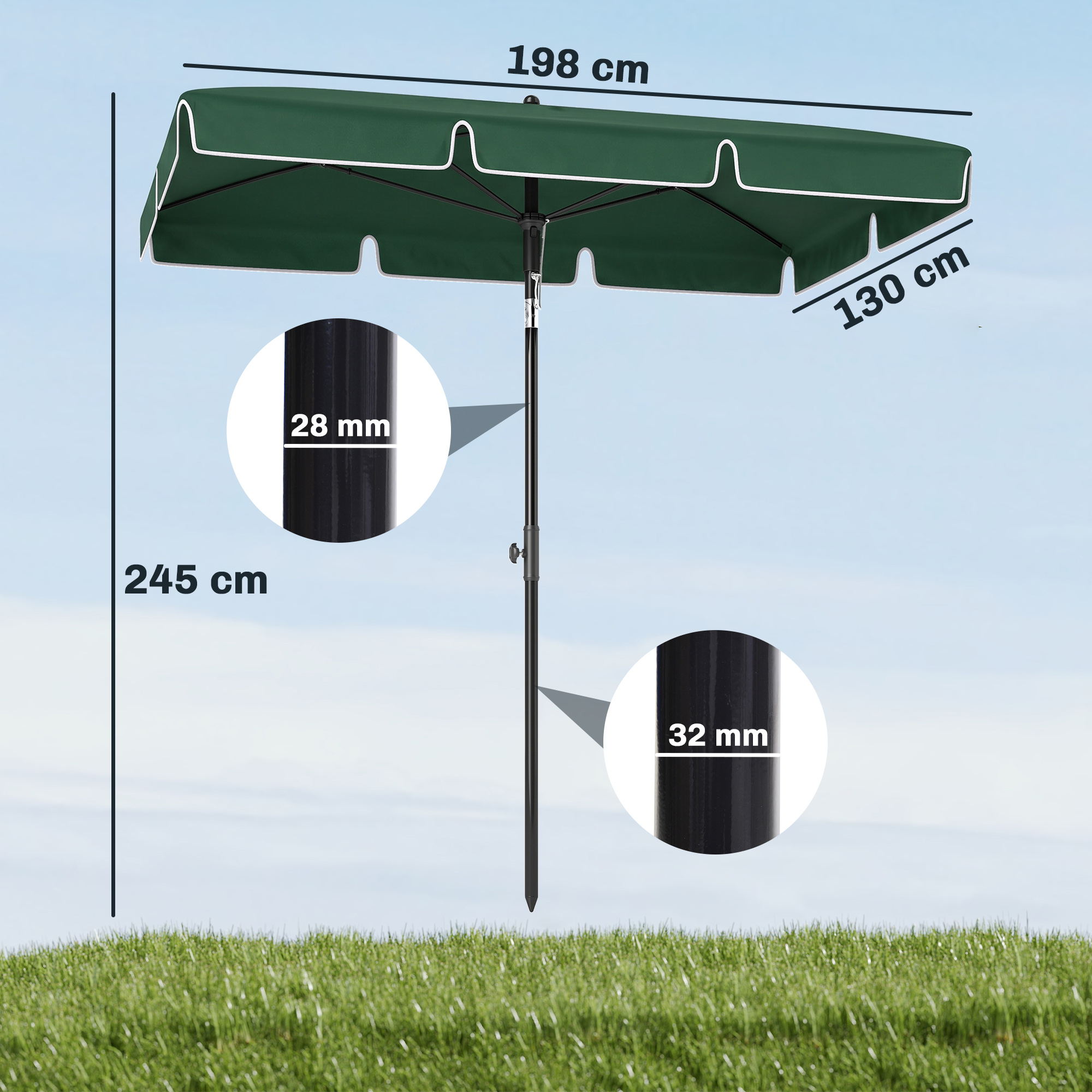 Ombrellone rettangolare verde, 198cm largo, 130cm profondo, 245cm alto.
