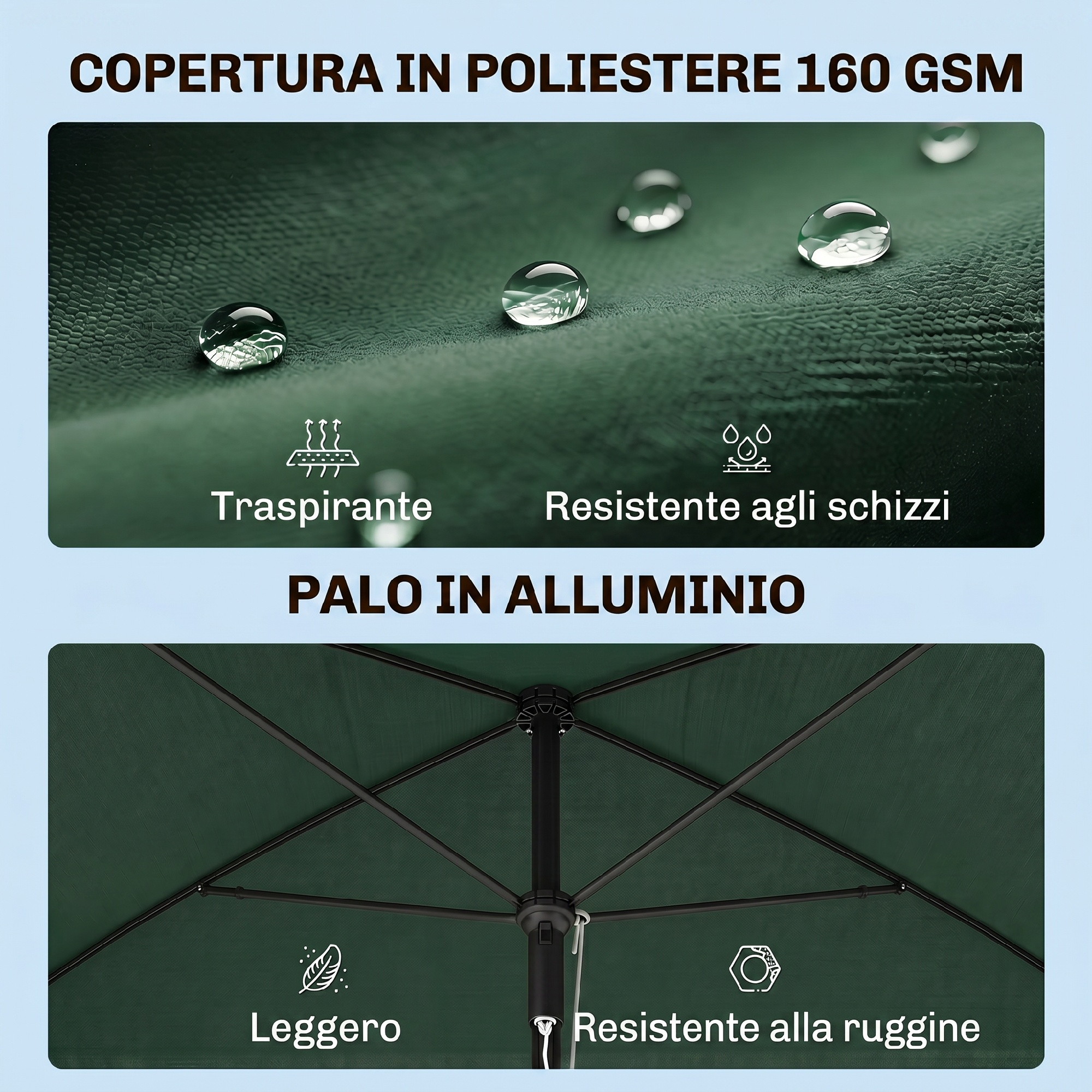 Tessuto verde con gocce d'acqua, palo in alluminio sotto. Testo: traspirante, resistente agli schizzi, leggero, antiruggine.