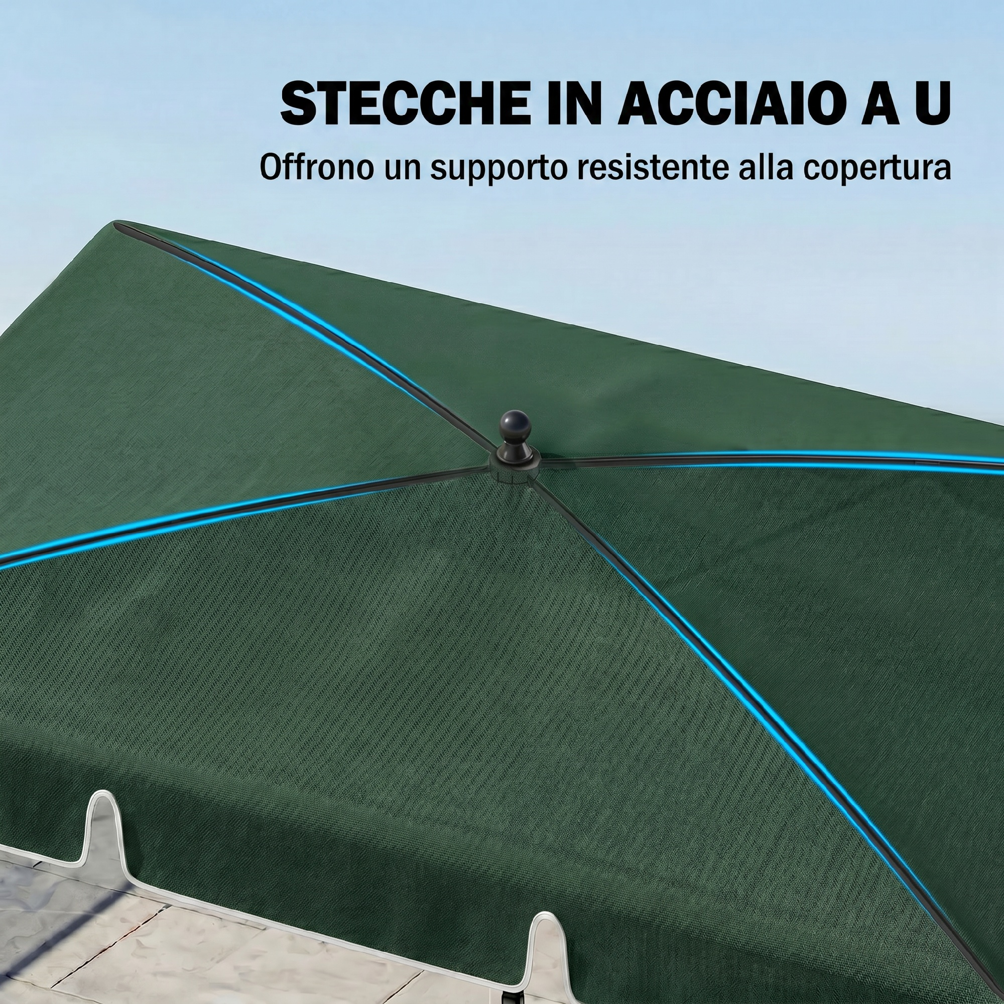 Tenda verde con stecche in acciaio e accenti blu su cielo blu.