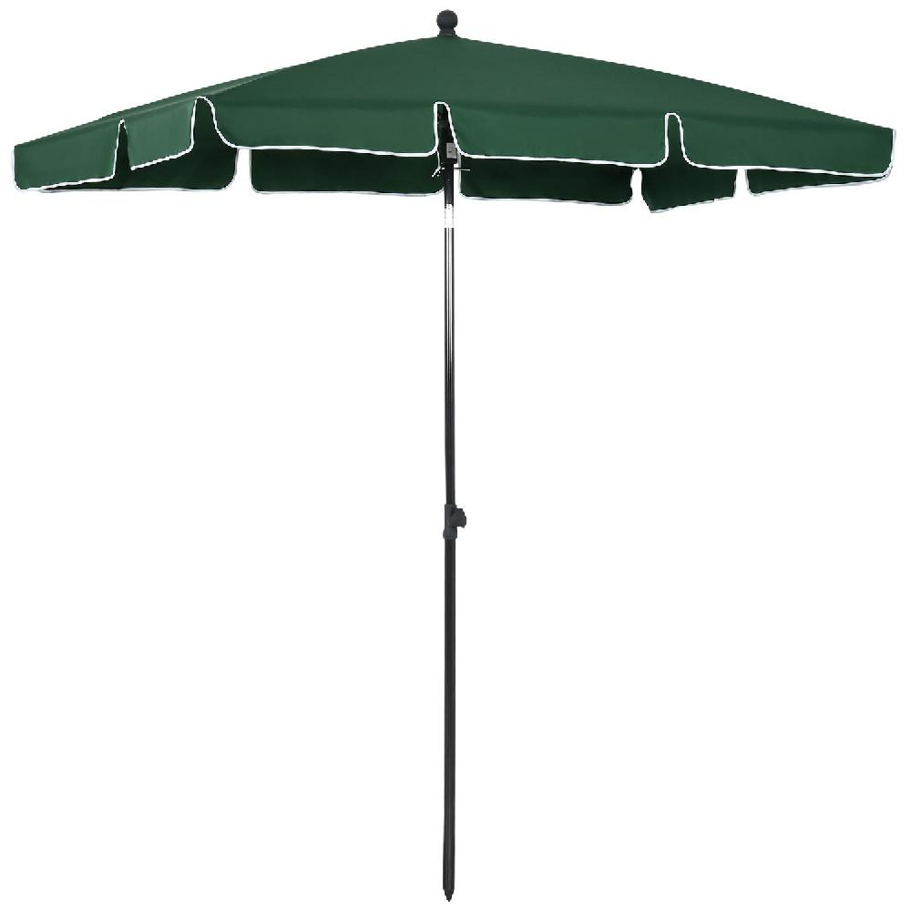 Un ombrellone verde con bordo bianco su un'asta nera, su sfondo bianco.