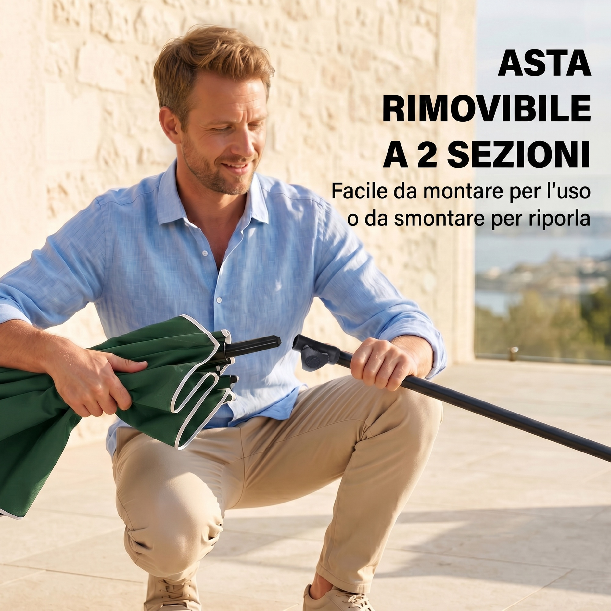 Uomo con asta ombrellone verde, rimovibile in due sezioni.