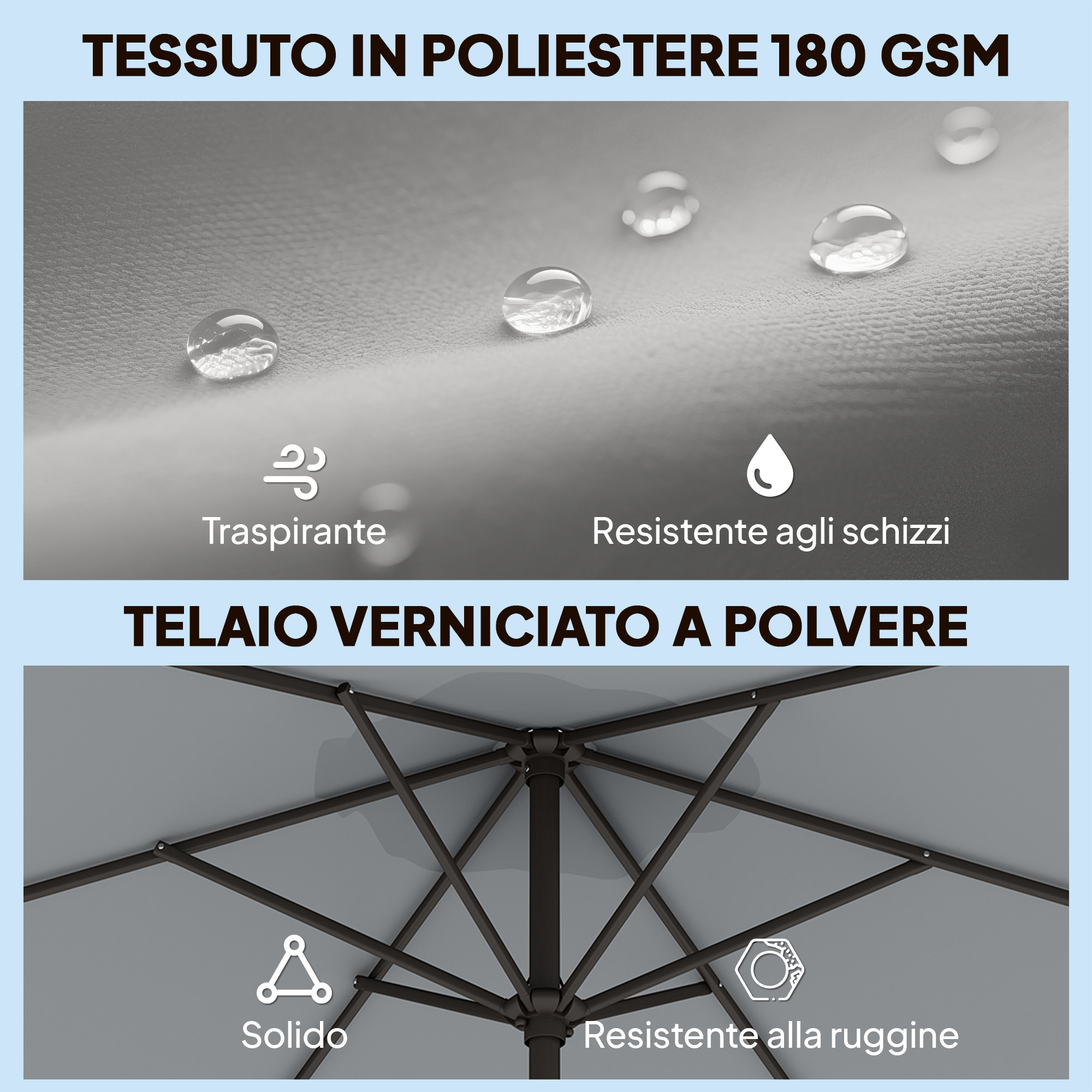 Tessuto poliestere, telaio verniciato a polvere, idrorepellente, traspirante, resistente.