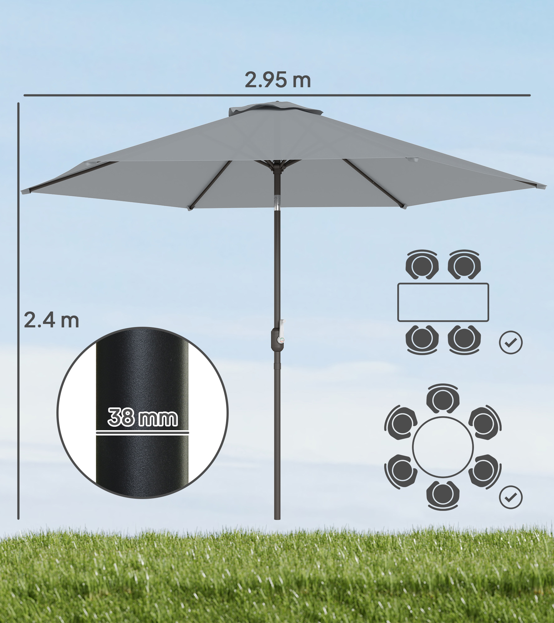 Ombrellone grigio, 2,4m alto, 2,95m largo, palo 38mm. Icone gruppi.