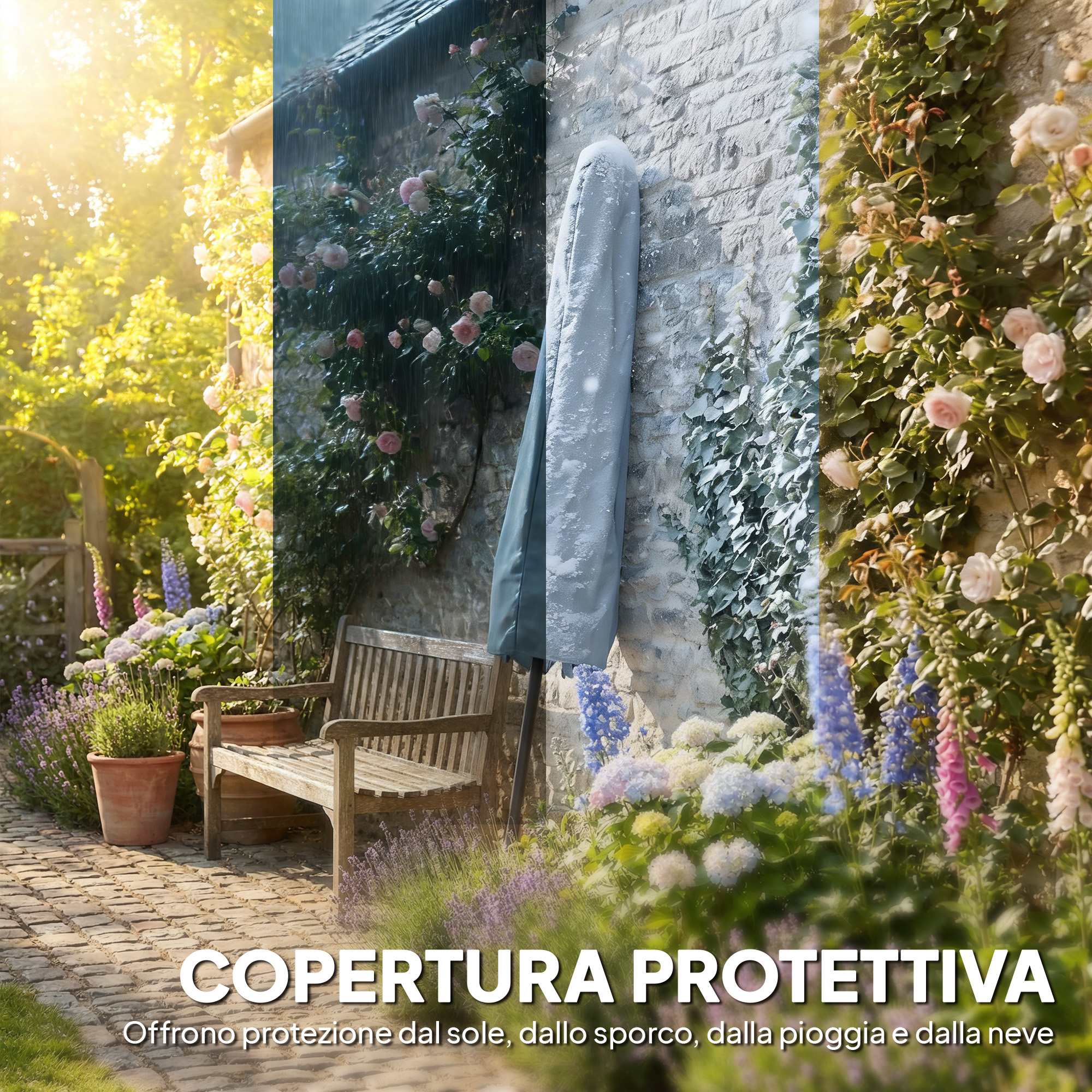 Un giardino con fiori, una panchina e un ombrellone nella neve.