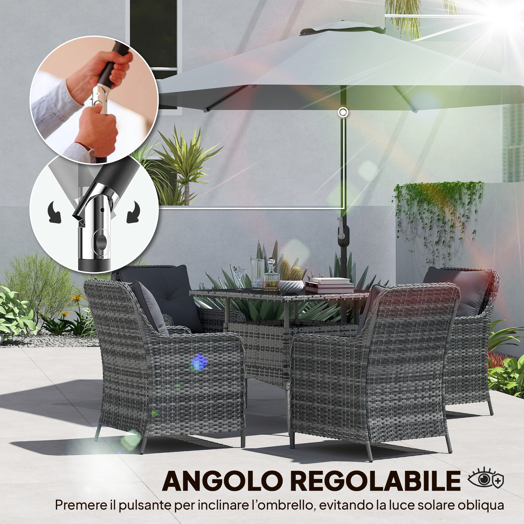 Set da esterno in rattan grigio con tavolo e sedie, ombrellone con inclinazione.