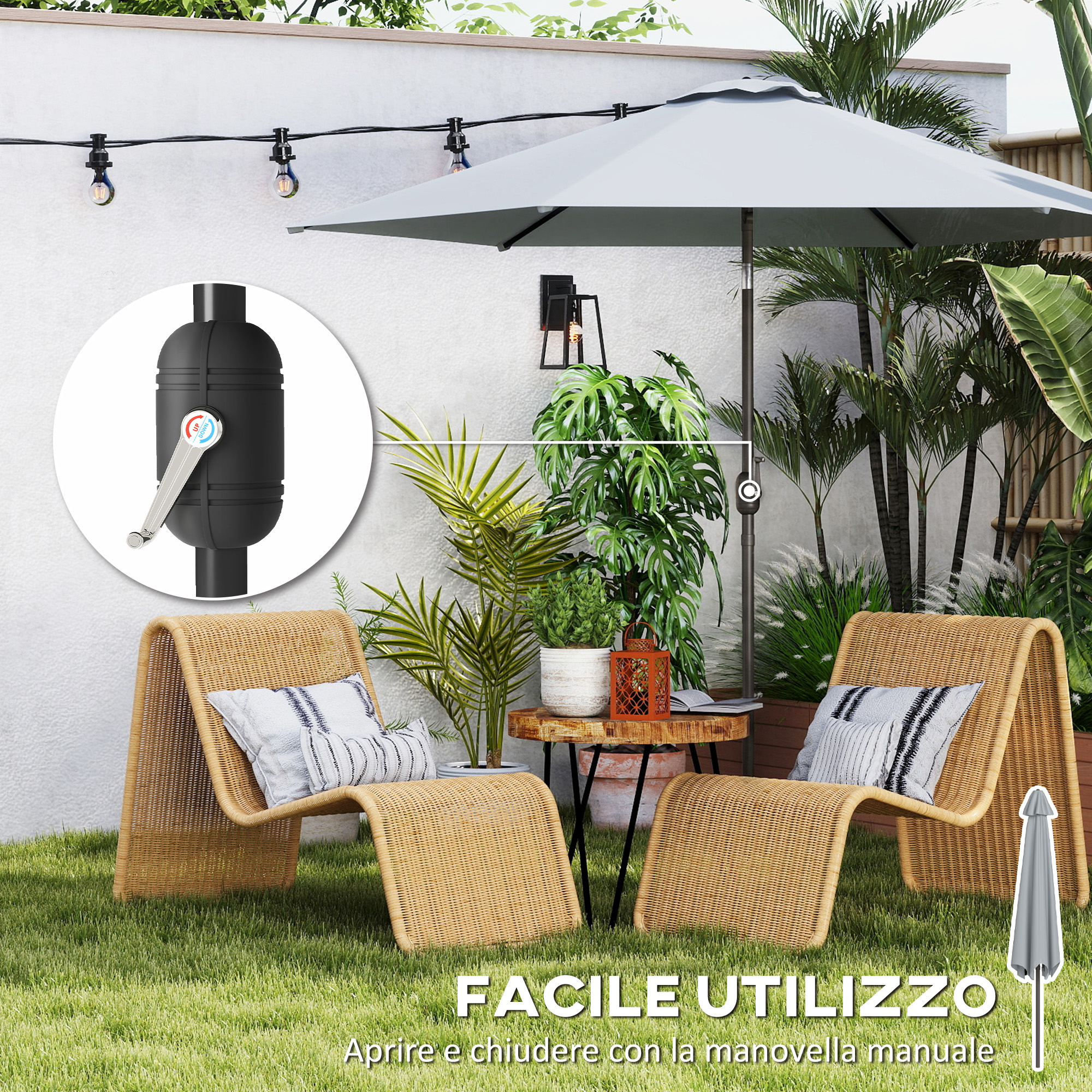 Arredo giardino con ombrellone e dettaglio meccanismo a manovella.