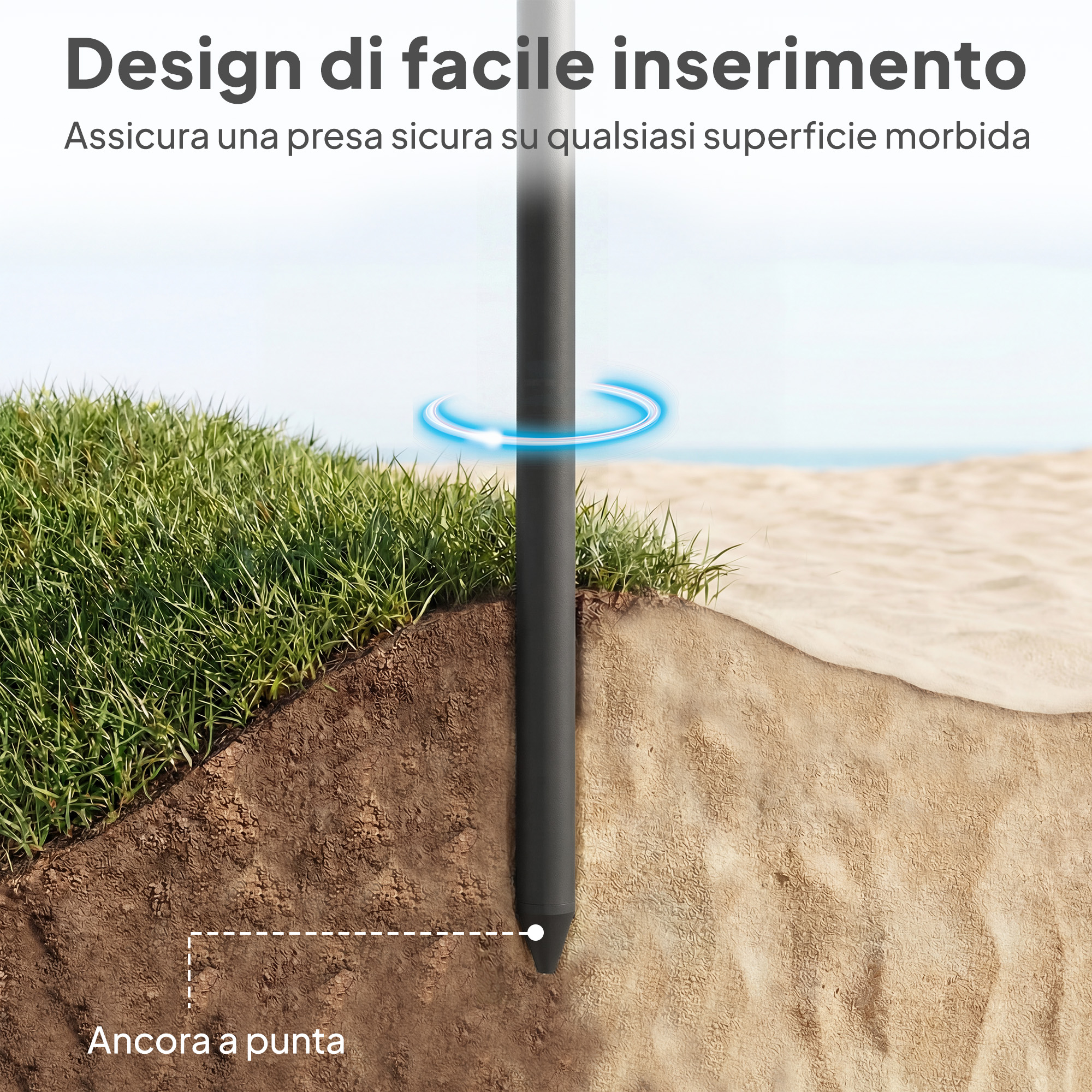 Una penna viene inserita in erba e sabbia. La parte superiore della penna è a fuoco.