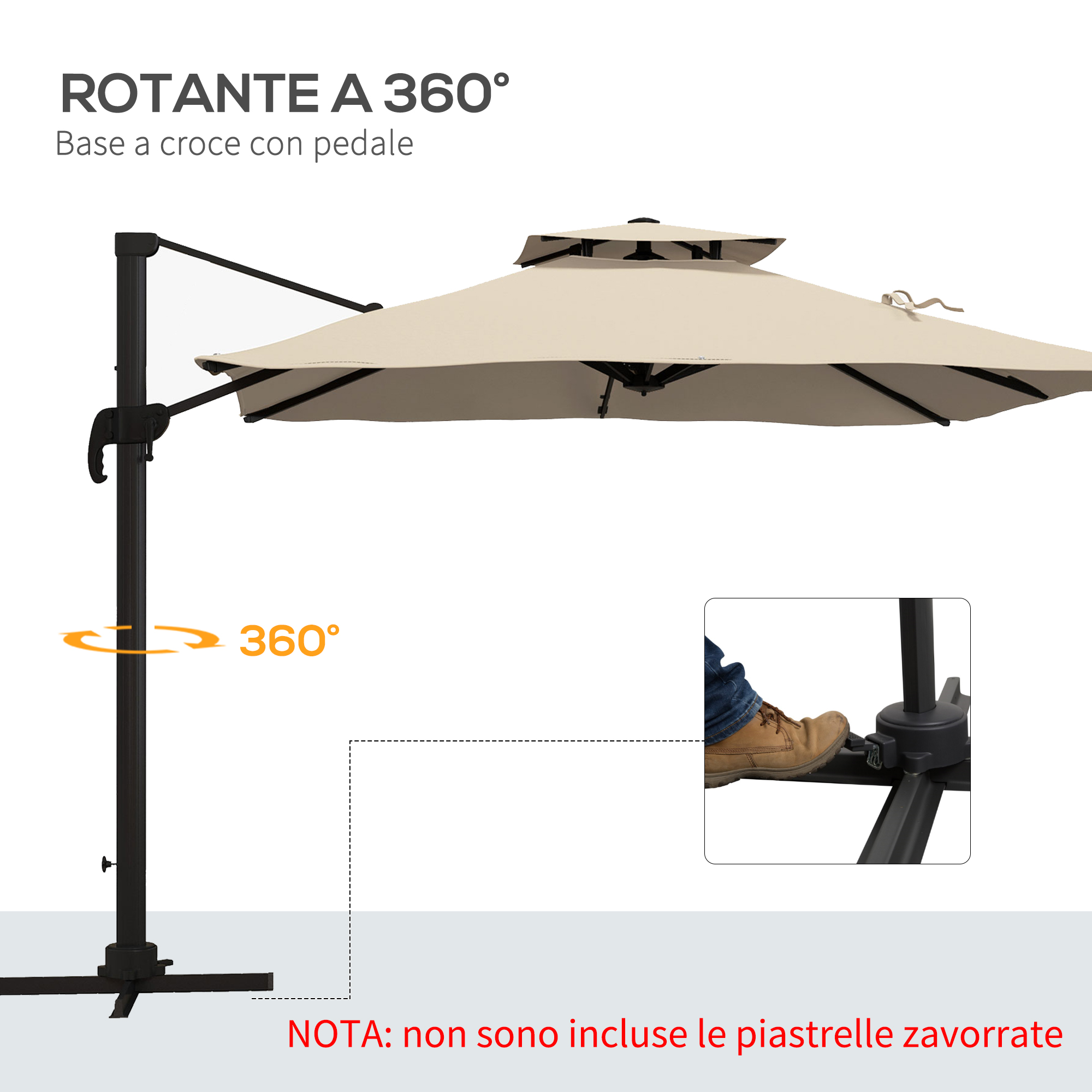 Un ombrellone a sbalzo con copertura beige e telaio nero, con pedale.