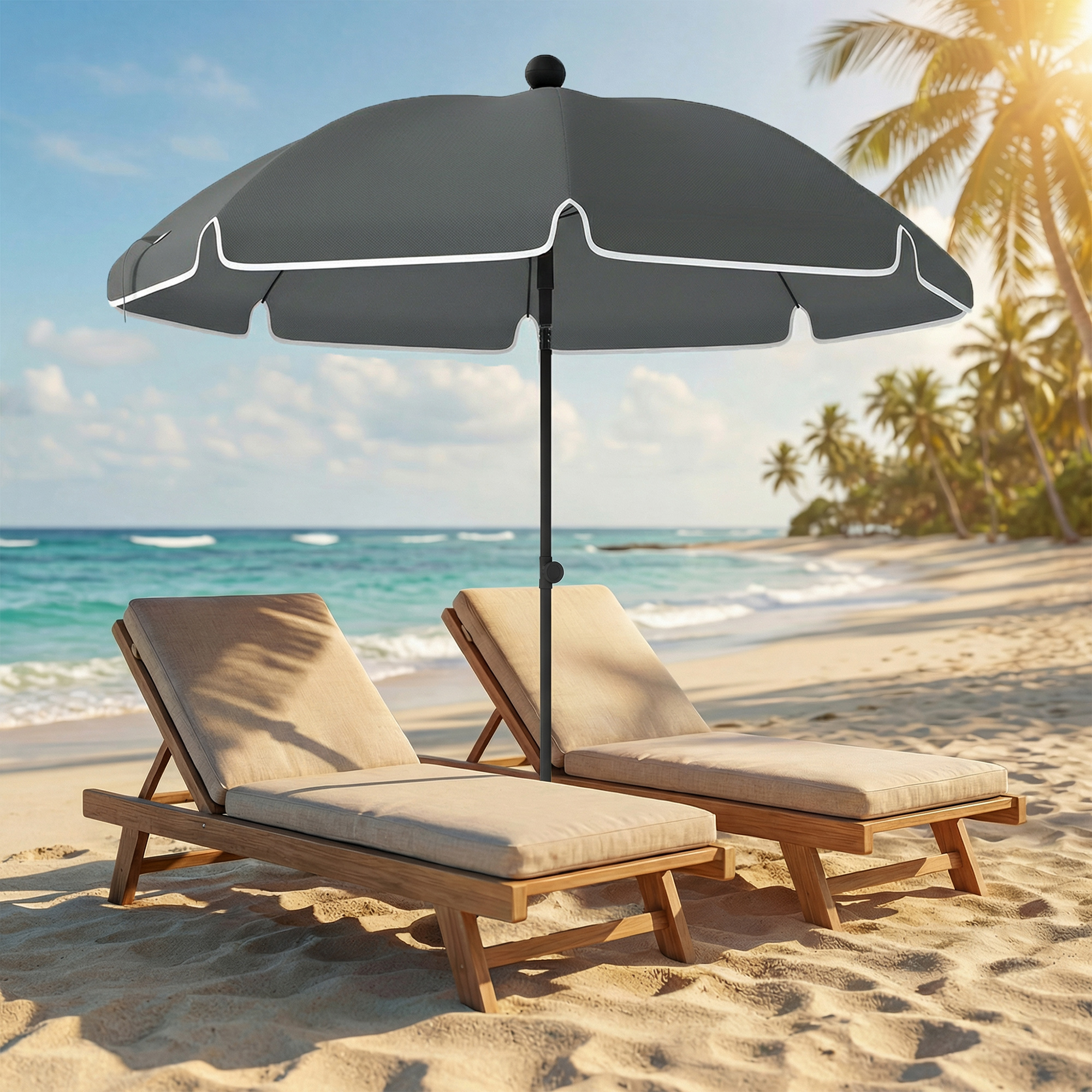Due lettini sotto un ombrellone grigio su una spiaggia con palme e mare.