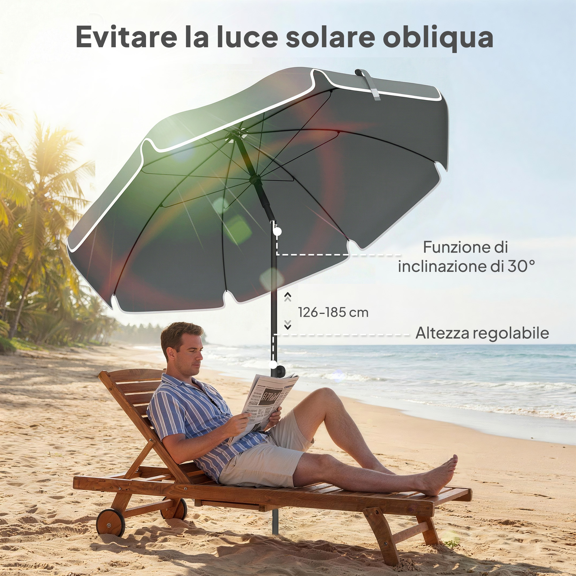 Uomo su lettino da spiaggia sotto ombrellone, legge giornale.