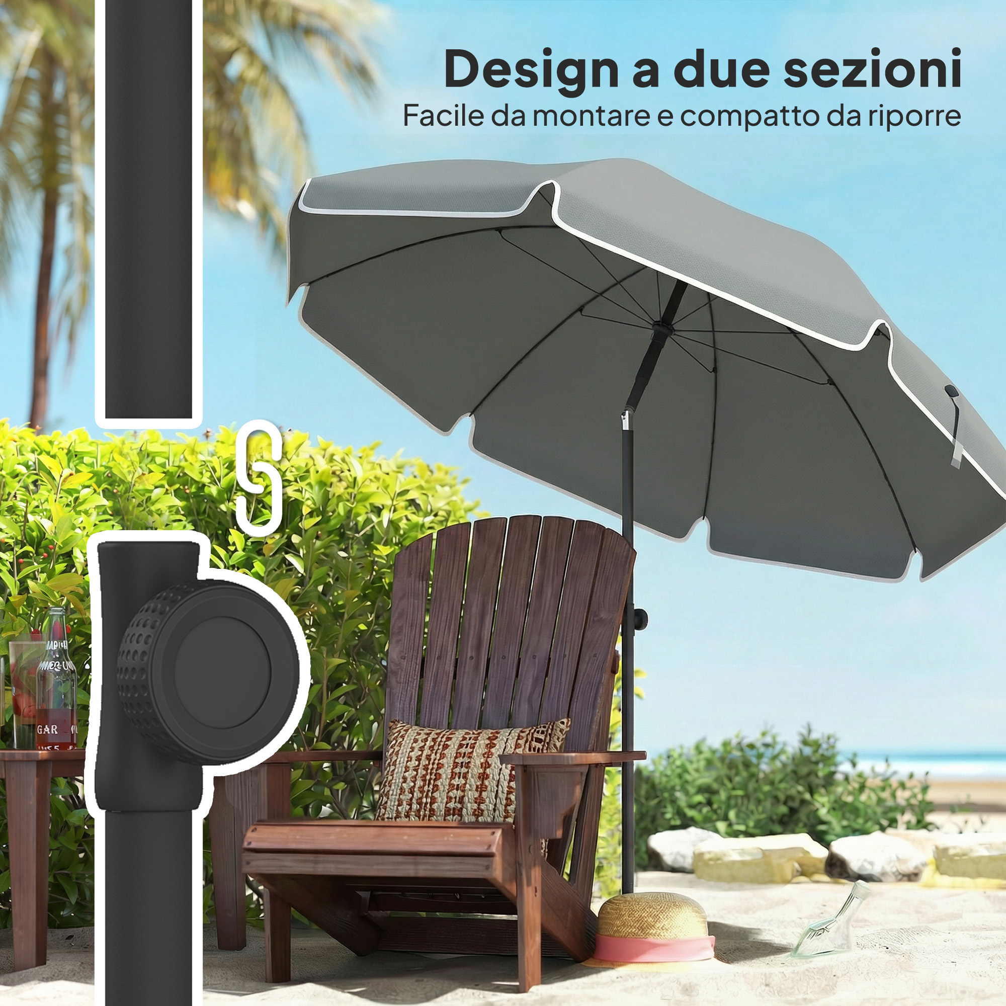 Ombrellone grigio su sedia in legno sulla spiaggia con palme e mare.