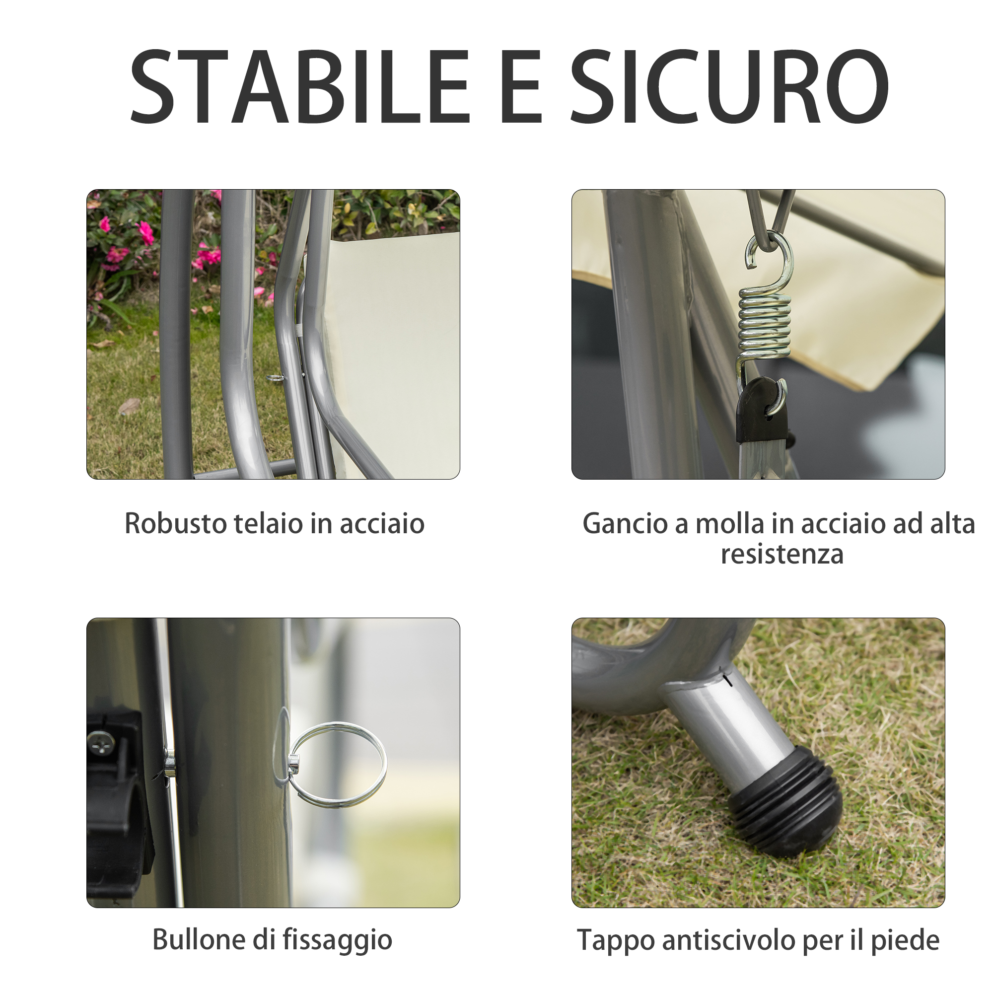 Robusto telaio in acciaio, gancio a molla, bullone e piedino antiscivolo