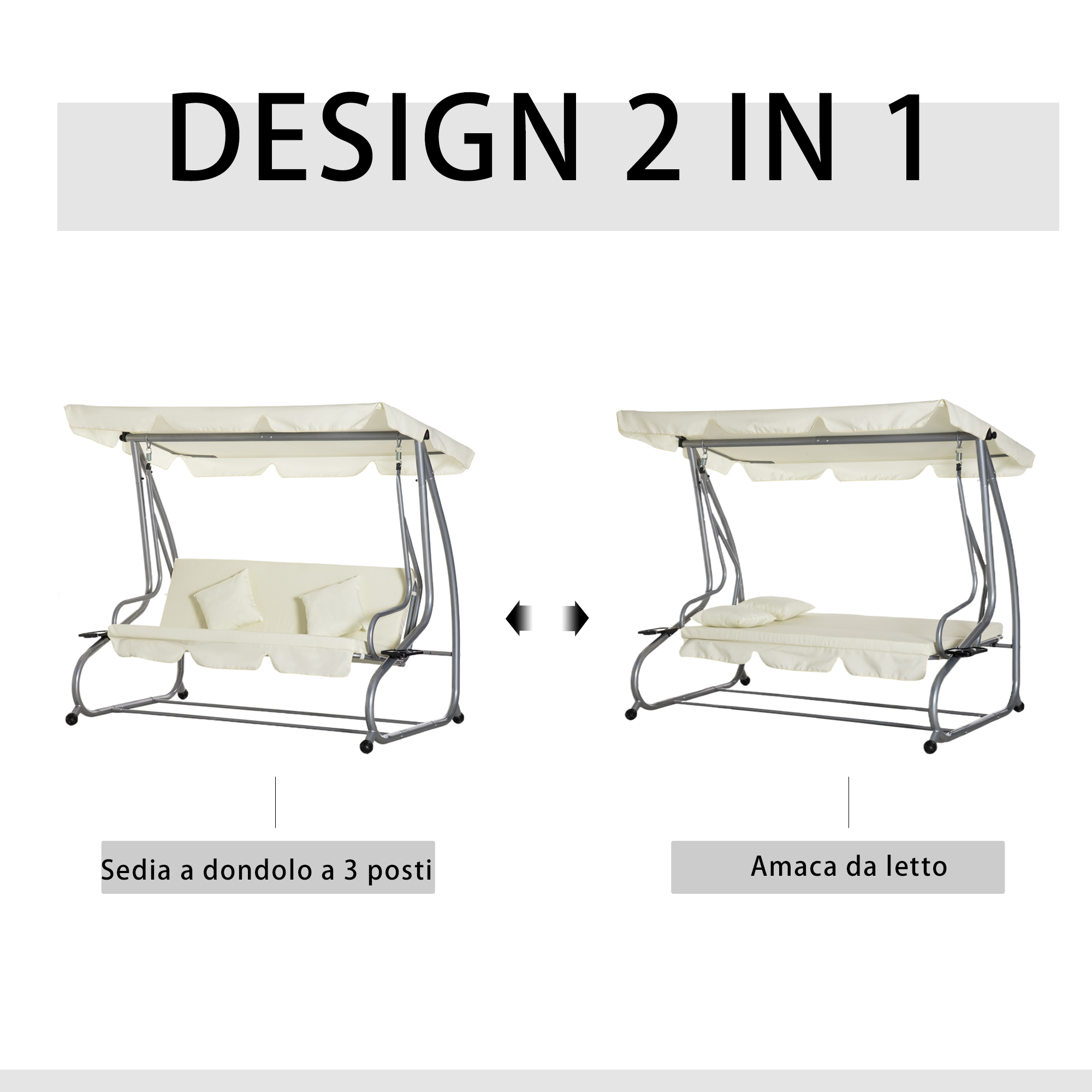 Un dondolo beige a 3 posti si trasforma in un letto.