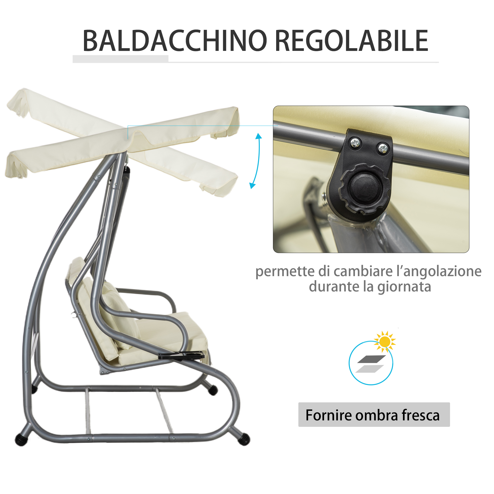 Tendalino regolabile su un'altalena color crema con telaio in metallo.
