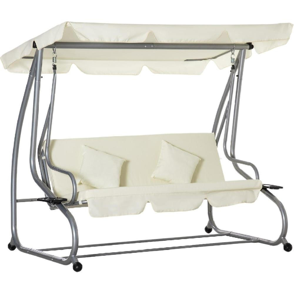 Una dondolo da giardino color crema con telaio in metallo grigio e tettoia.