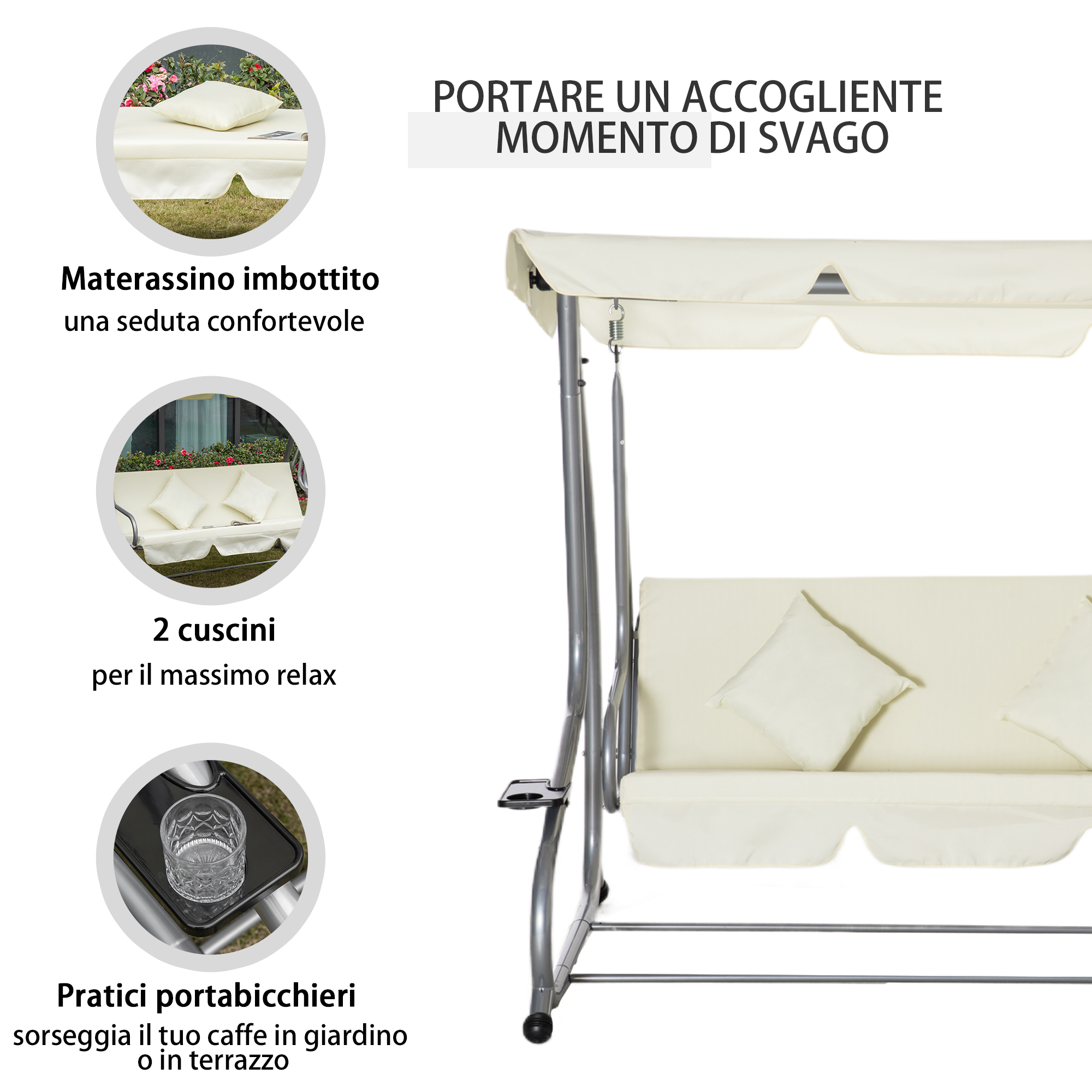 Un sedile a dondolo da giardino color crema con cuscini e portabicchieri.