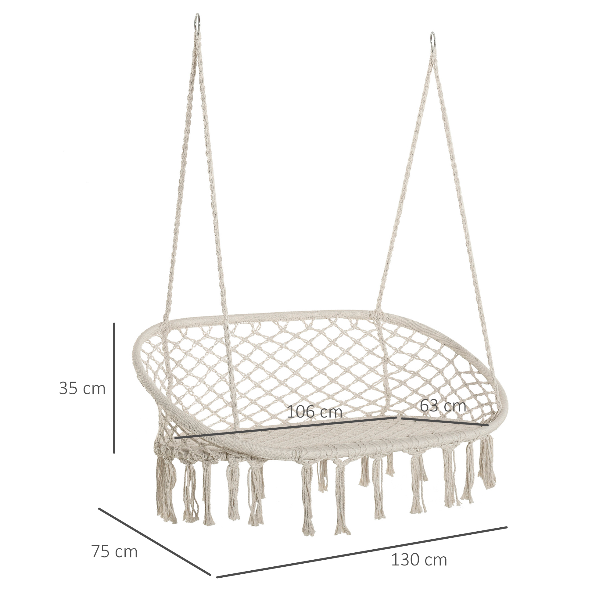 Sedia sospesa beige in macramè con nappe. Dimensioni 130x75x35cm.
