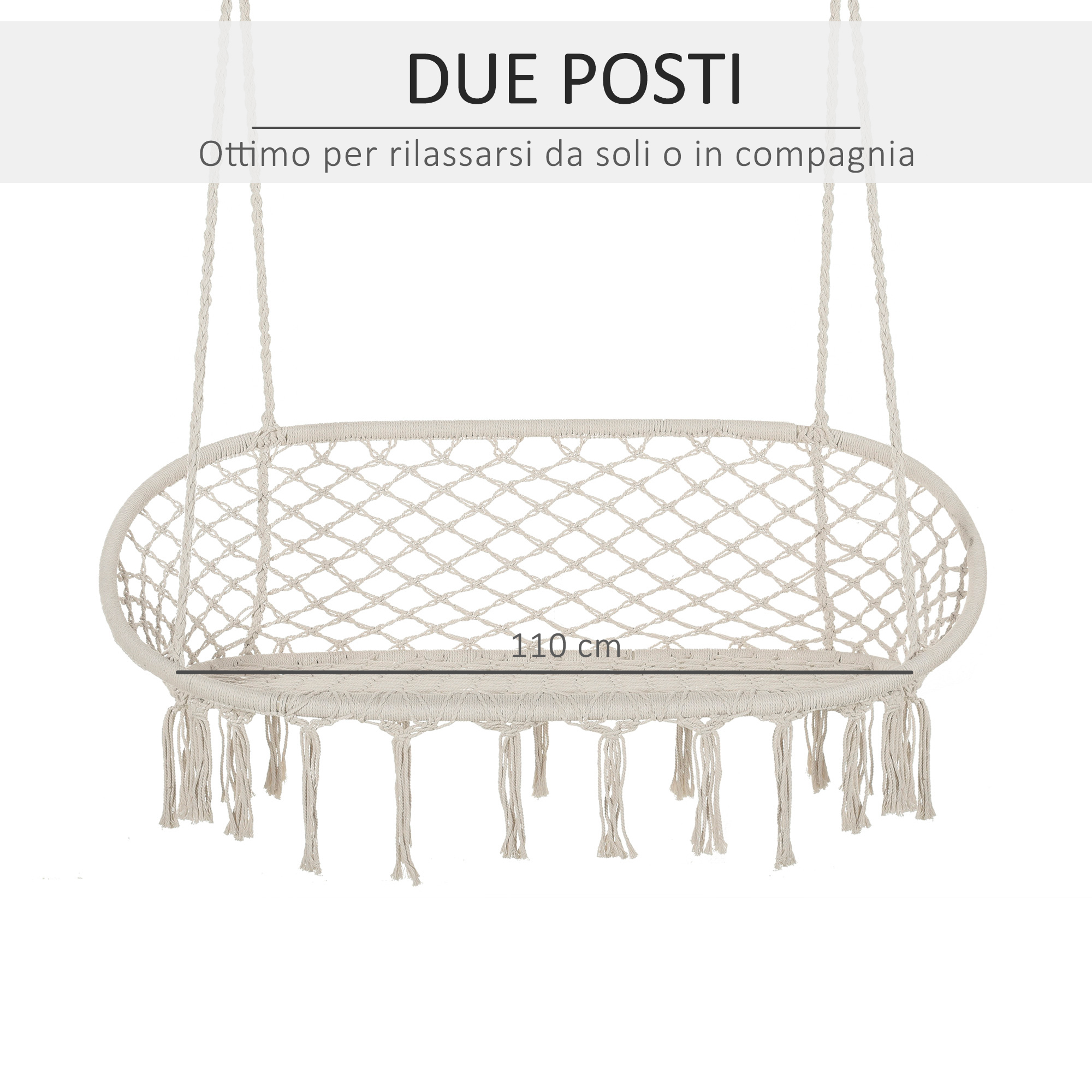 Altalena amaca macramè beige con frange, larga 110 cm.