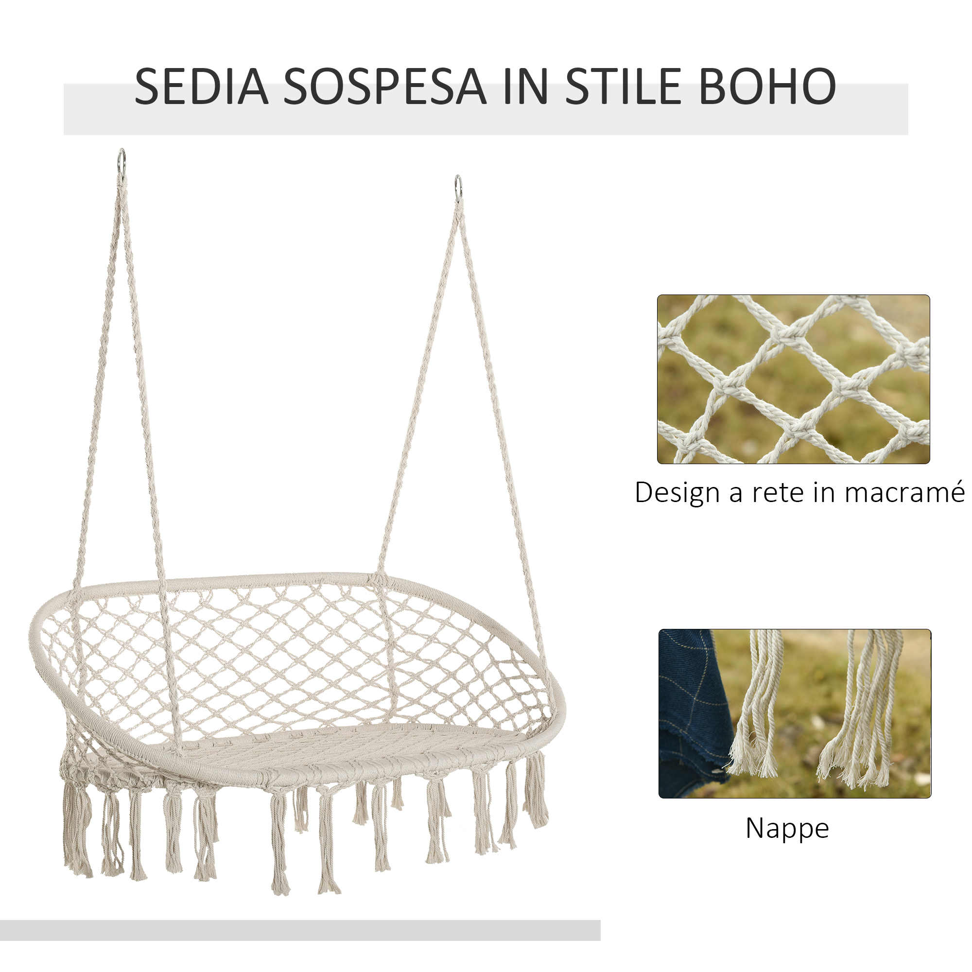 Sedia sospesa in macramé beige con nappe, sospesa da corde.