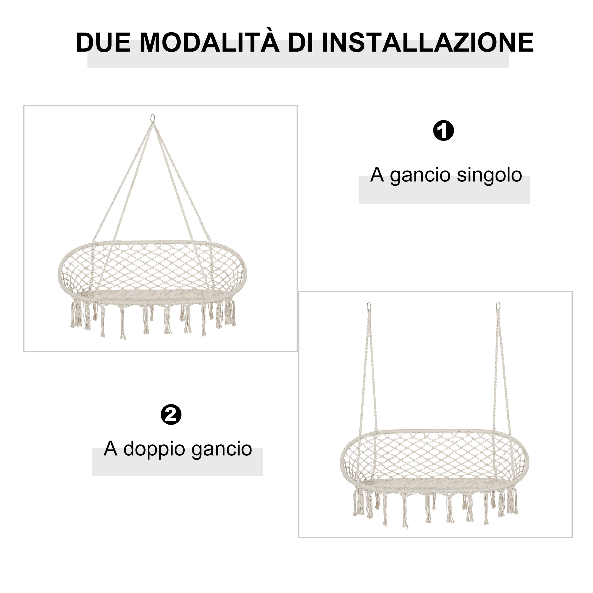 Sedia sospesa mostrata in due stili di installazione: gancio singolo e doppio.